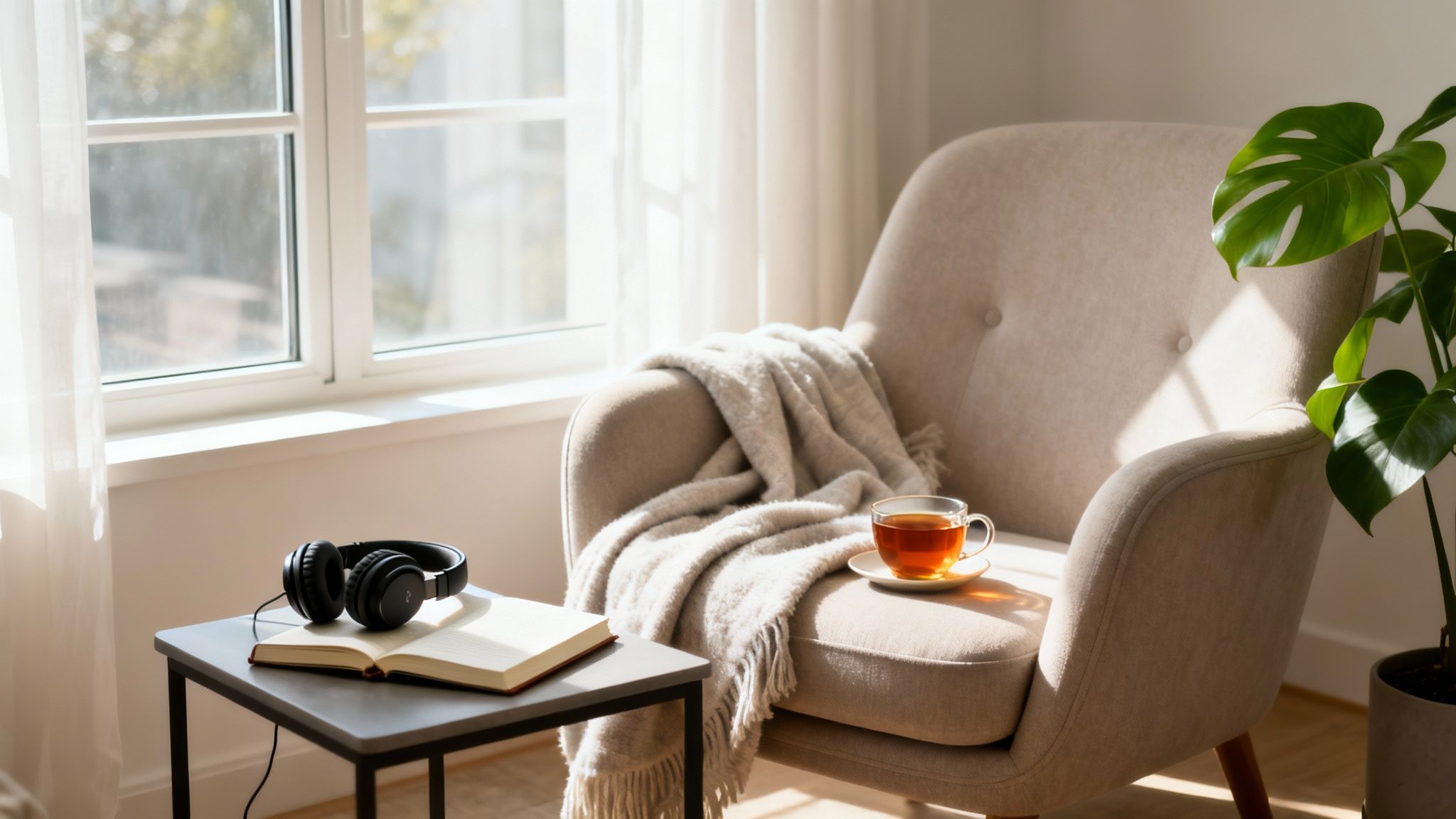 A cozy armchair with a blanket, a cup of tea, a book, and headphones by a sunlit window.