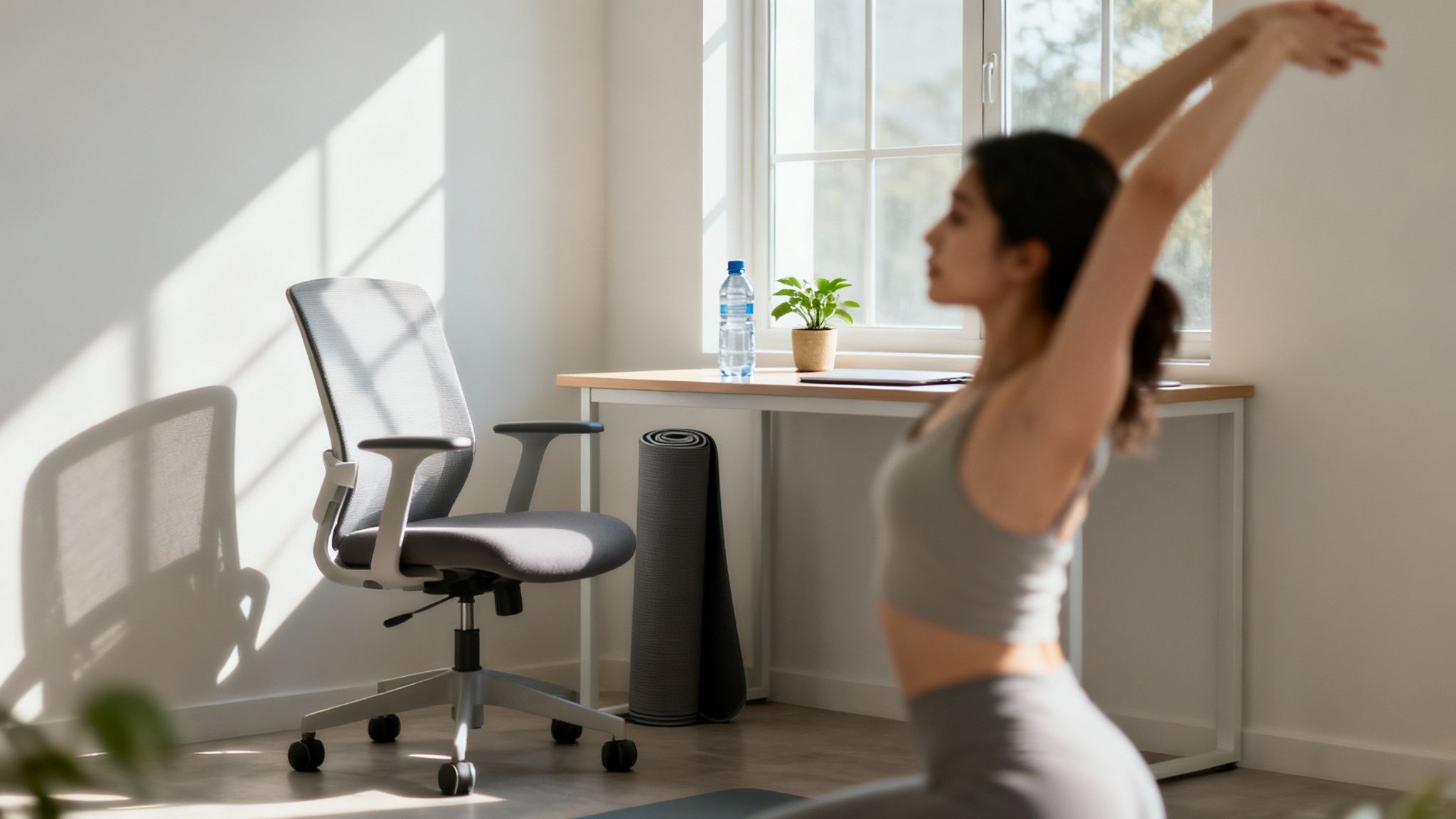 A woman stretches in a home office, with a chair, desk, and yoga mat visible.