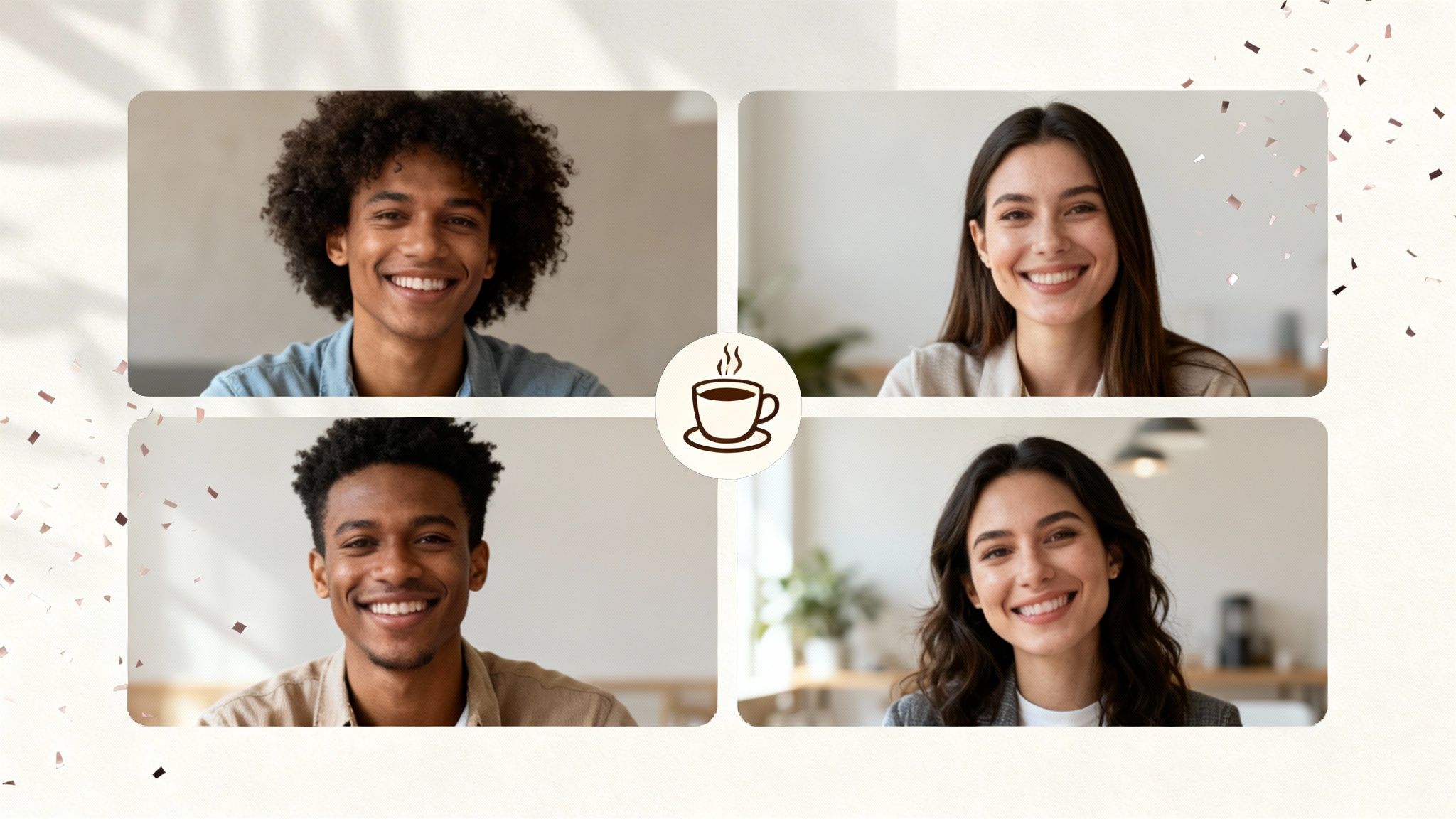 Four diverse professionals smiling during an online video call with a central coffee cup icon.