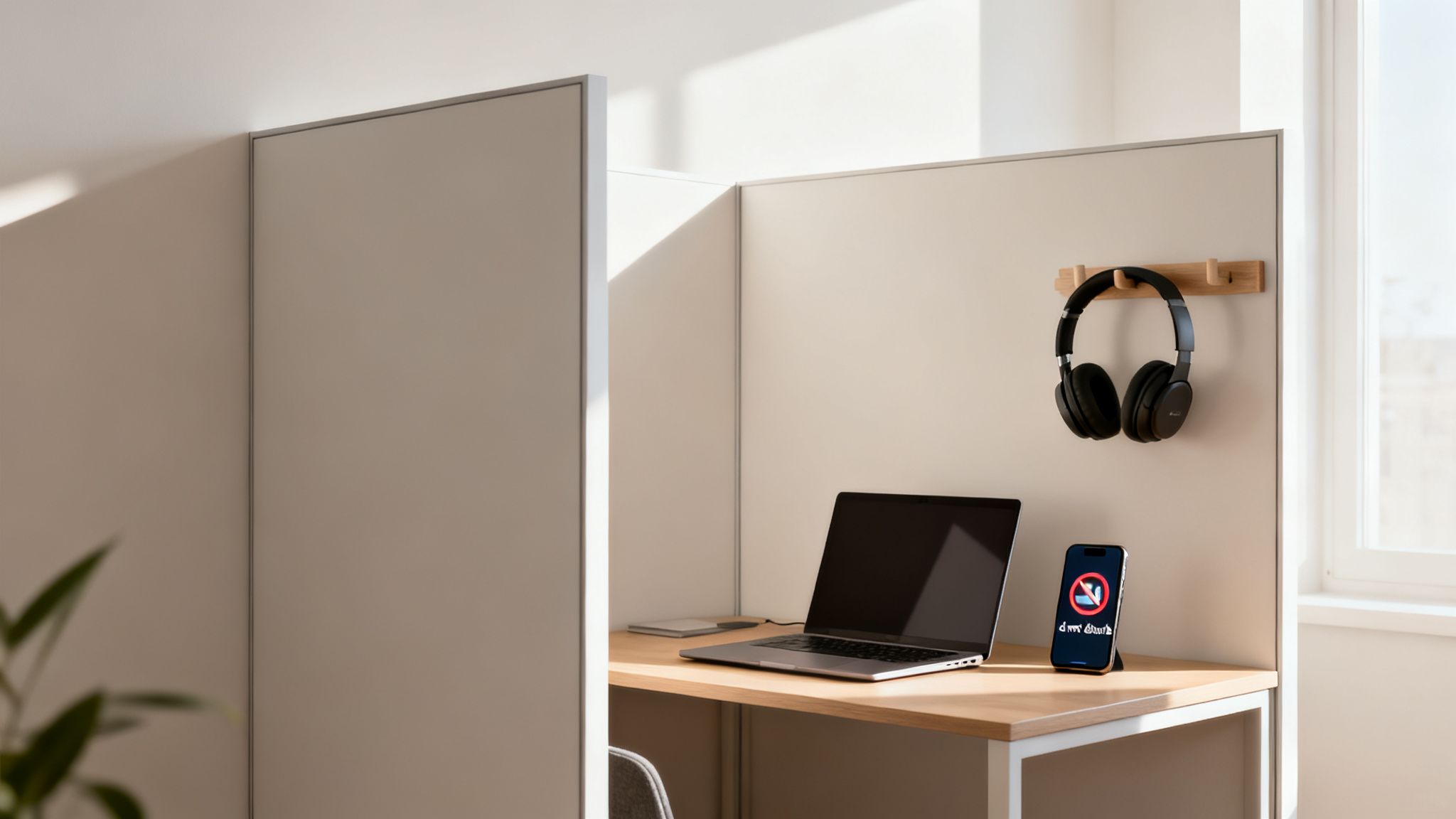 A clean, modern workspace with a laptop, headphones, and a smartphone showing a 'do not disturb' icon.