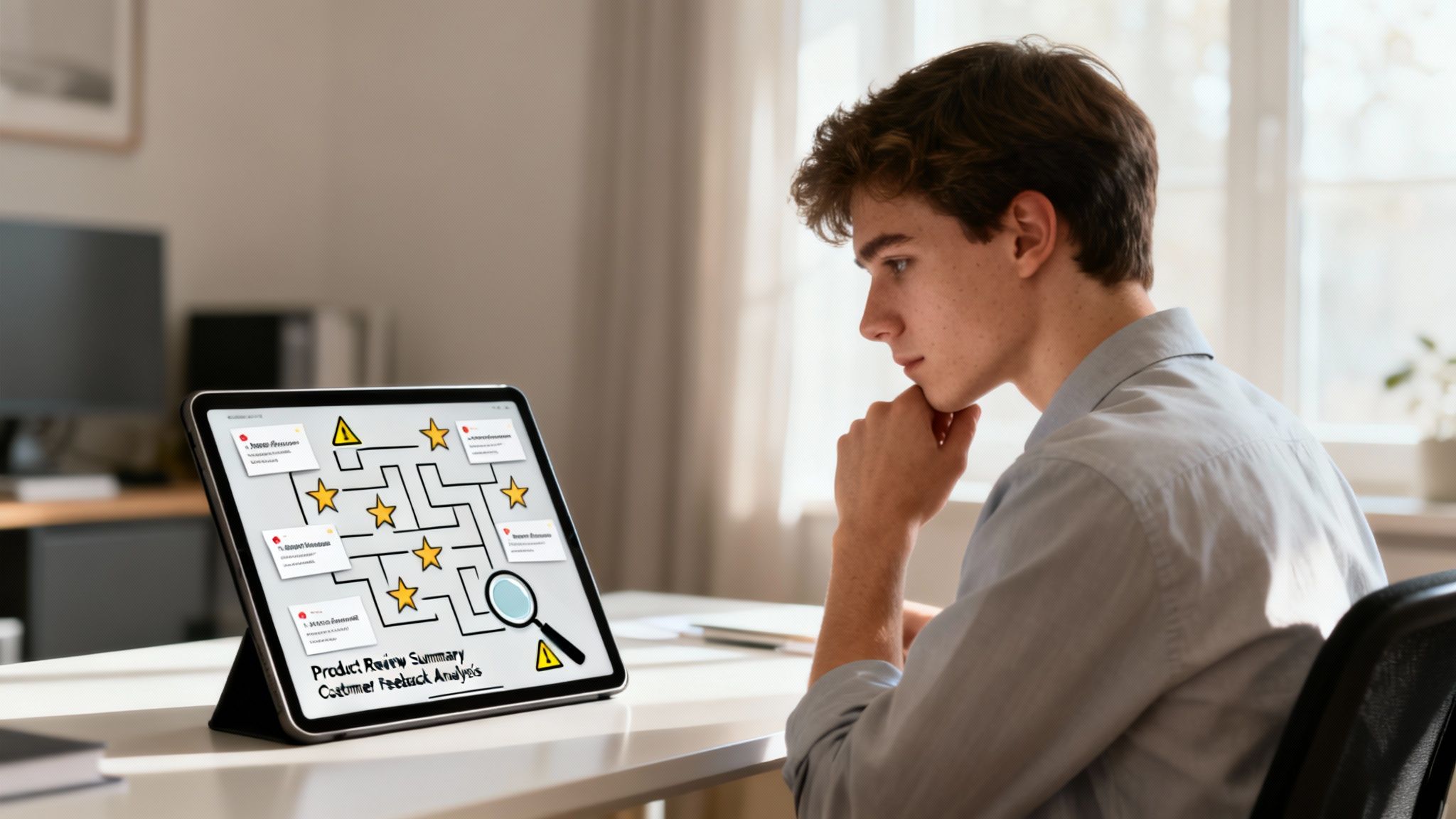 Young man thoughtfully analyzing product review summaries and customer feedback on a tablet at home.