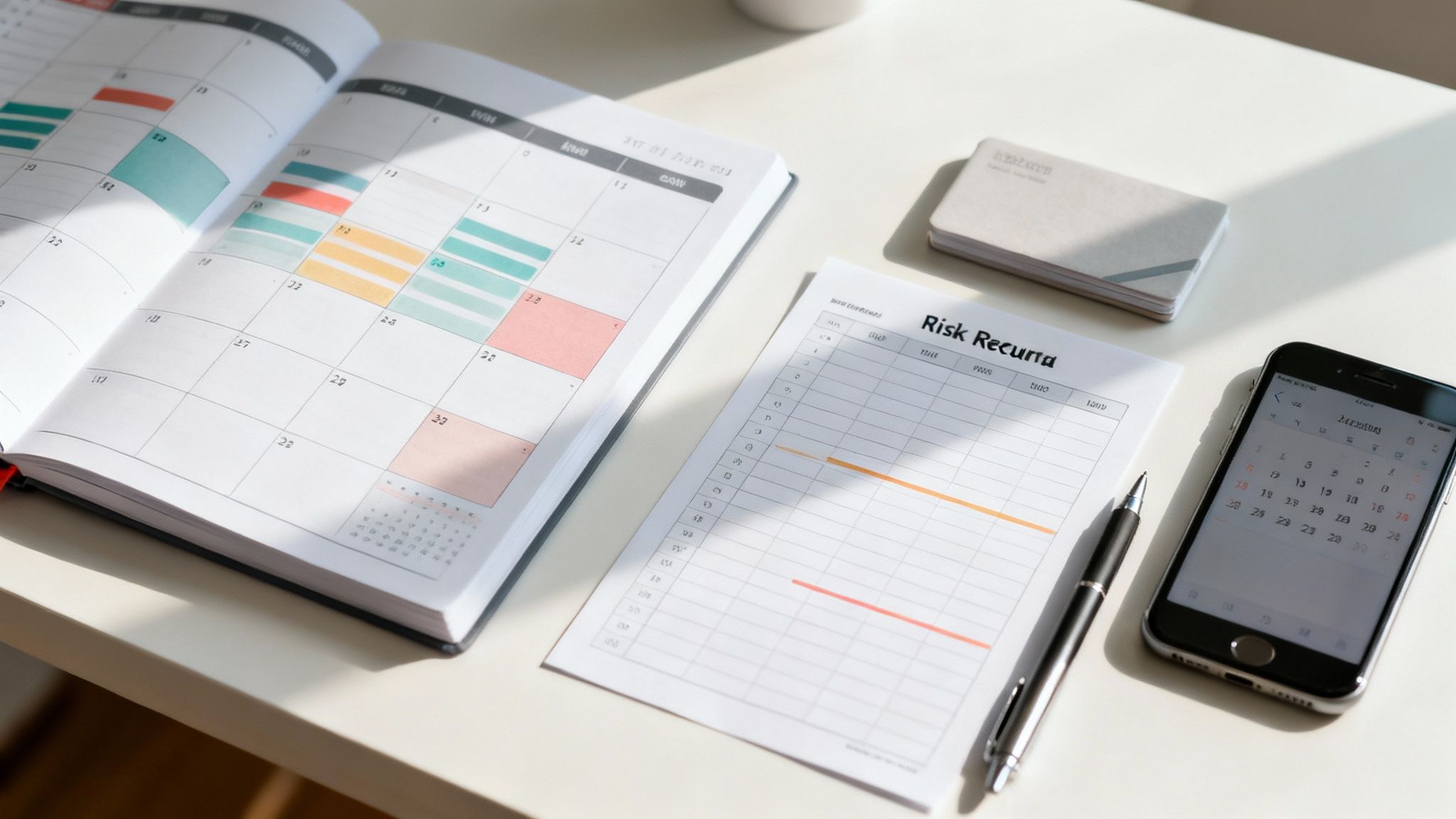 A person at a desk with a calendar showing time blocks, next to a whiteboard with a risk assessment chart.