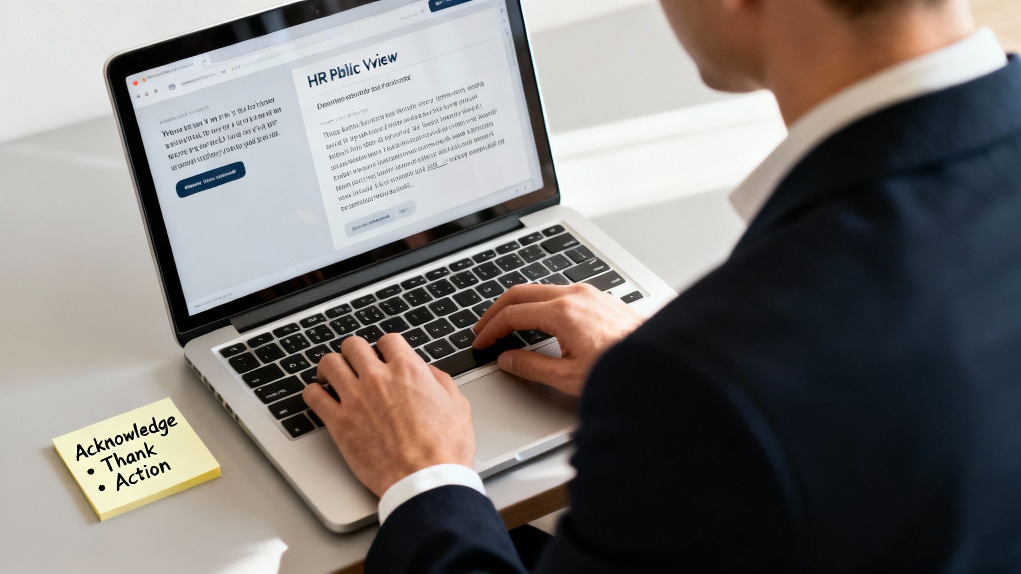 Professional in a suit typing on a laptop, with a sticky note listing 'Acknowledge, Thank, Action' on the desk.