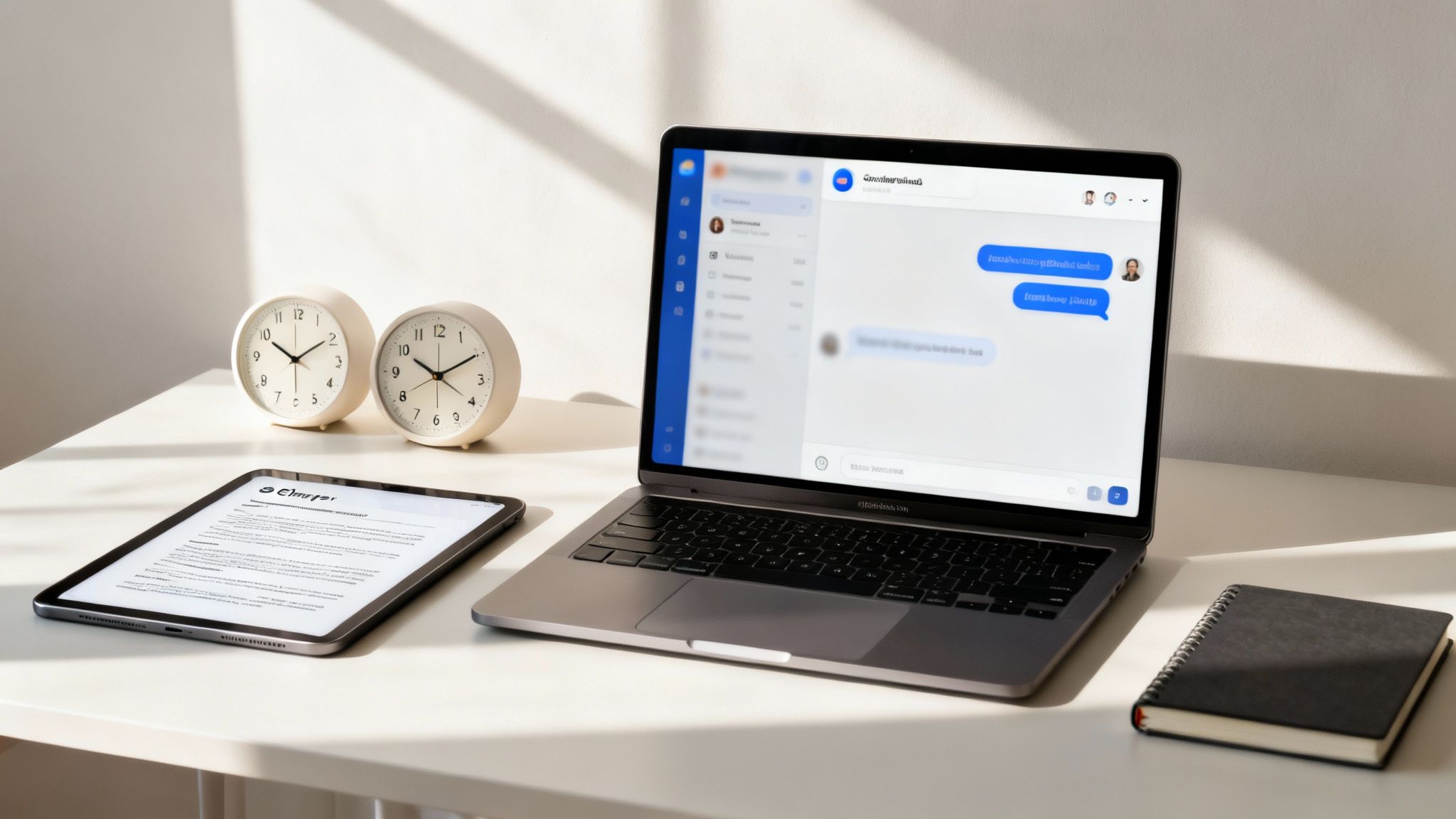 A modern workspace with a laptop, tablet, two clocks, and a notebook on a white desk.