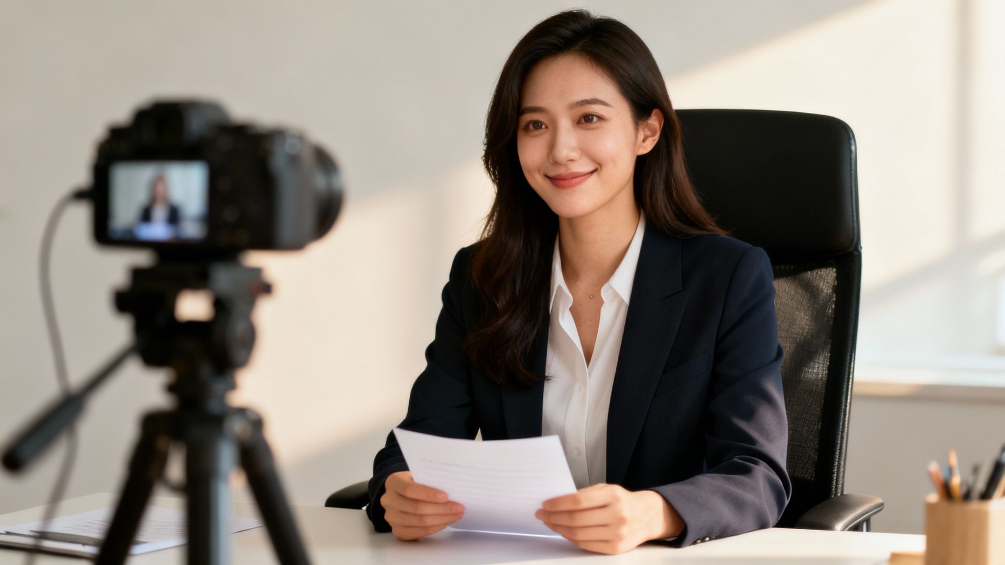 A smiling Asian woman in business attire records a video interview, holding papers at a desk.