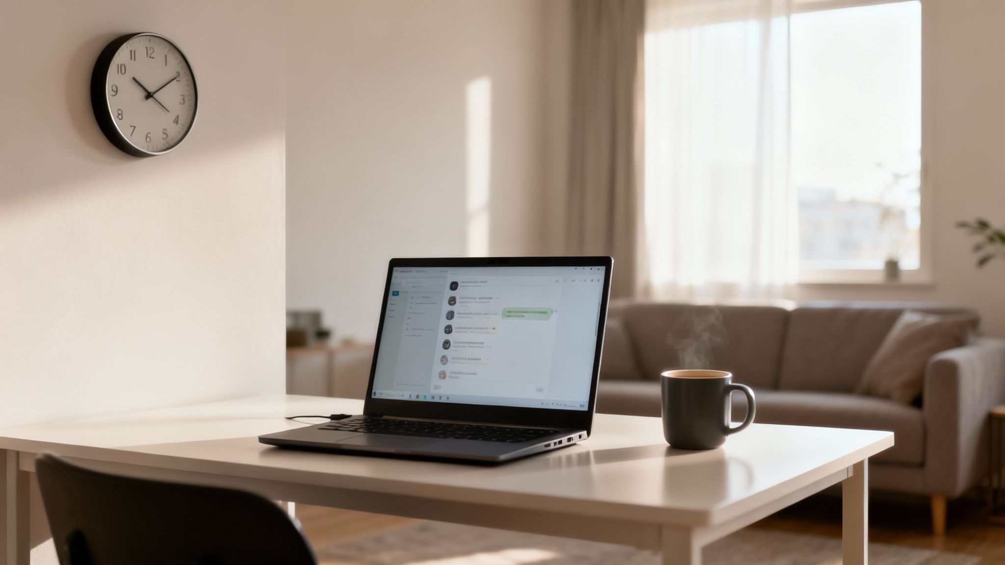 A laptop on a white desk with a steaming coffee mug, a wall clock, and a sofa in a sunlit home office.
