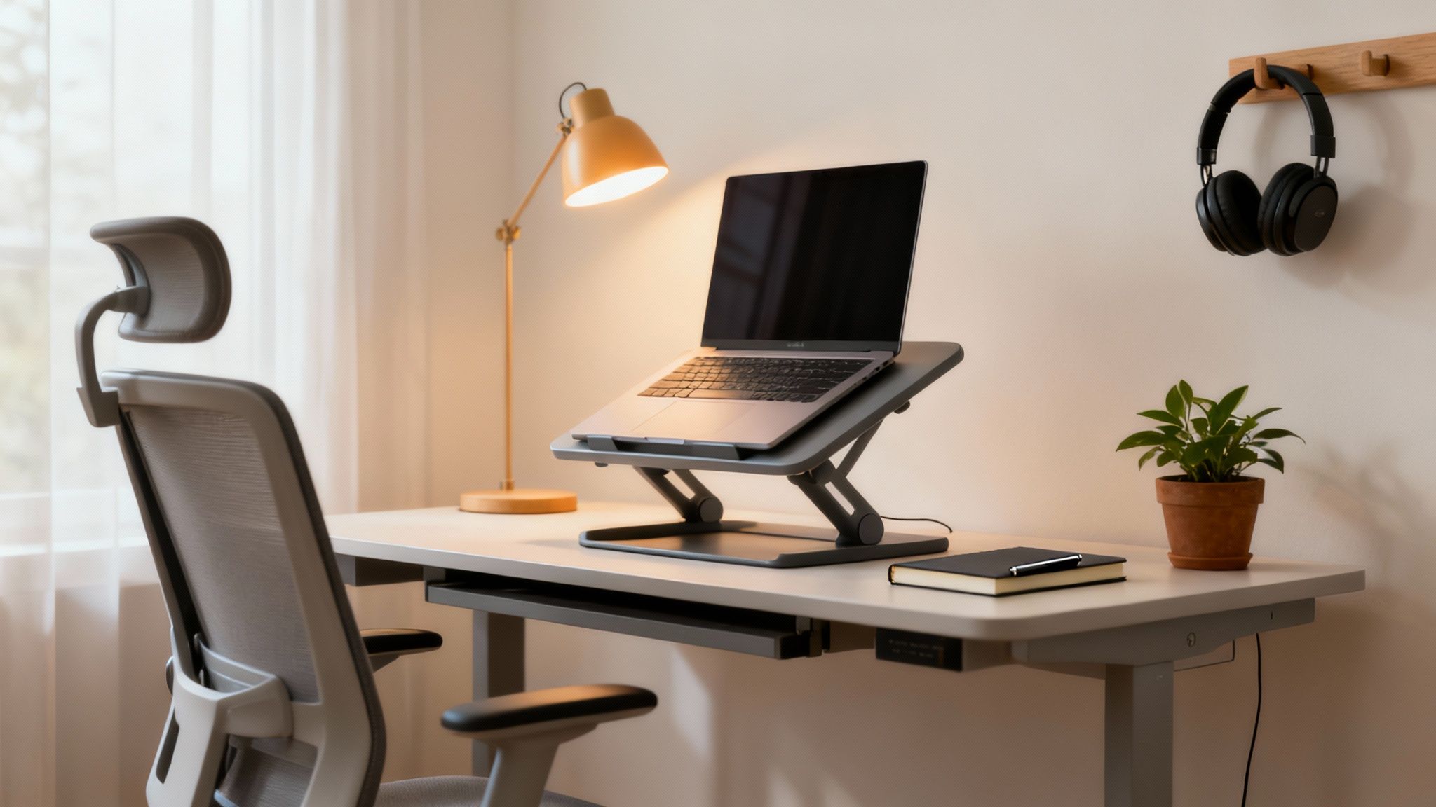 A well-lit, organized home office with a computer, plants, and natural light.