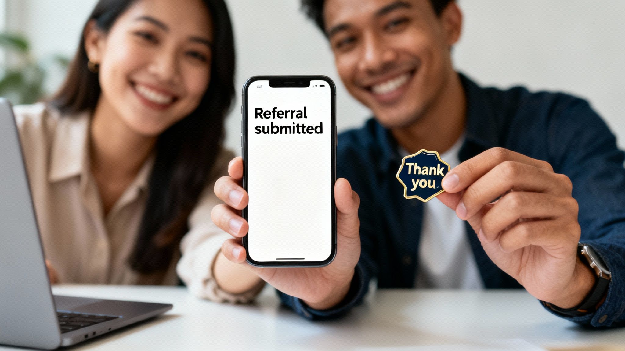 Happy couple holding a phone displaying 'Referral submitted' and a 'Thank you' badge.