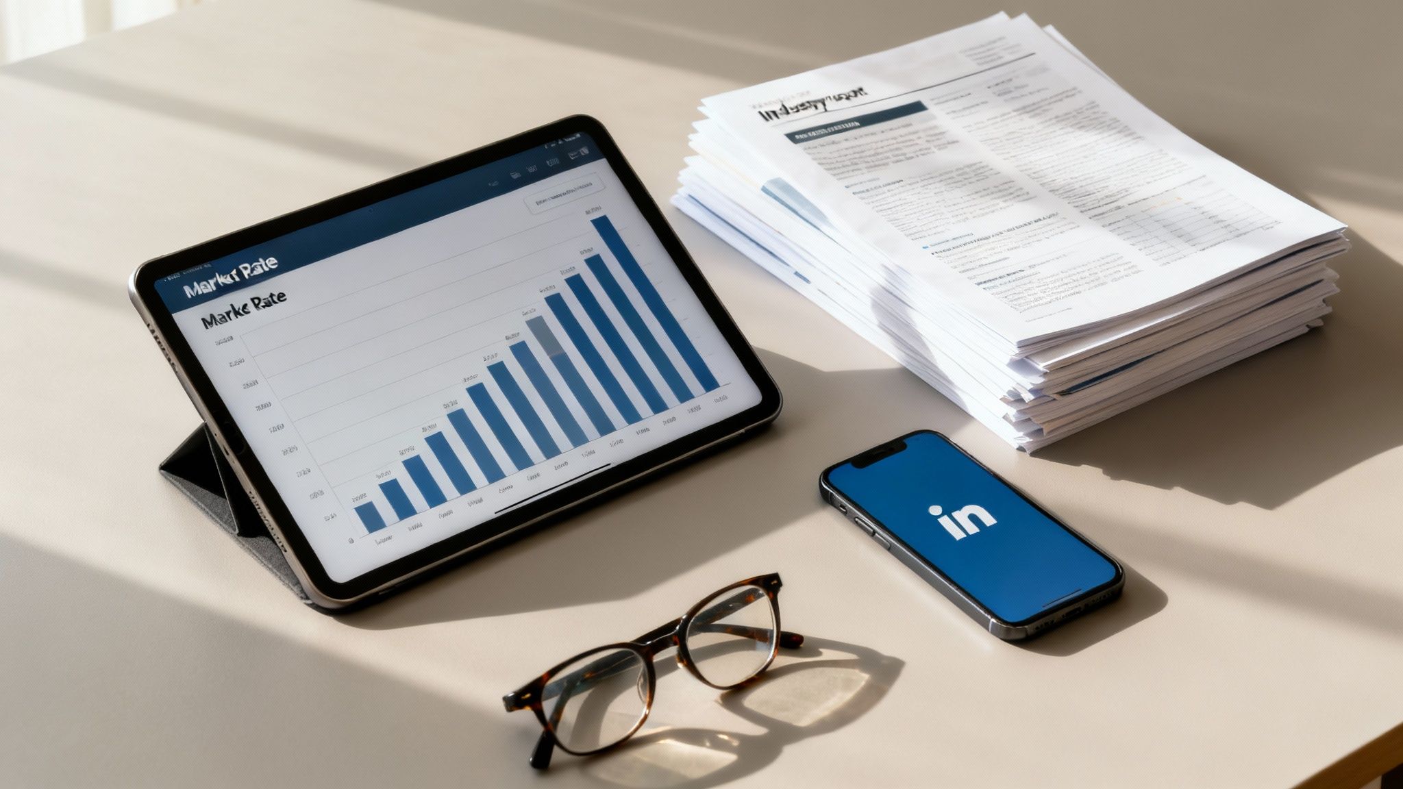 Tablet displaying a market rate chart, documents, a LinkedIn phone, and glasses on a desk.