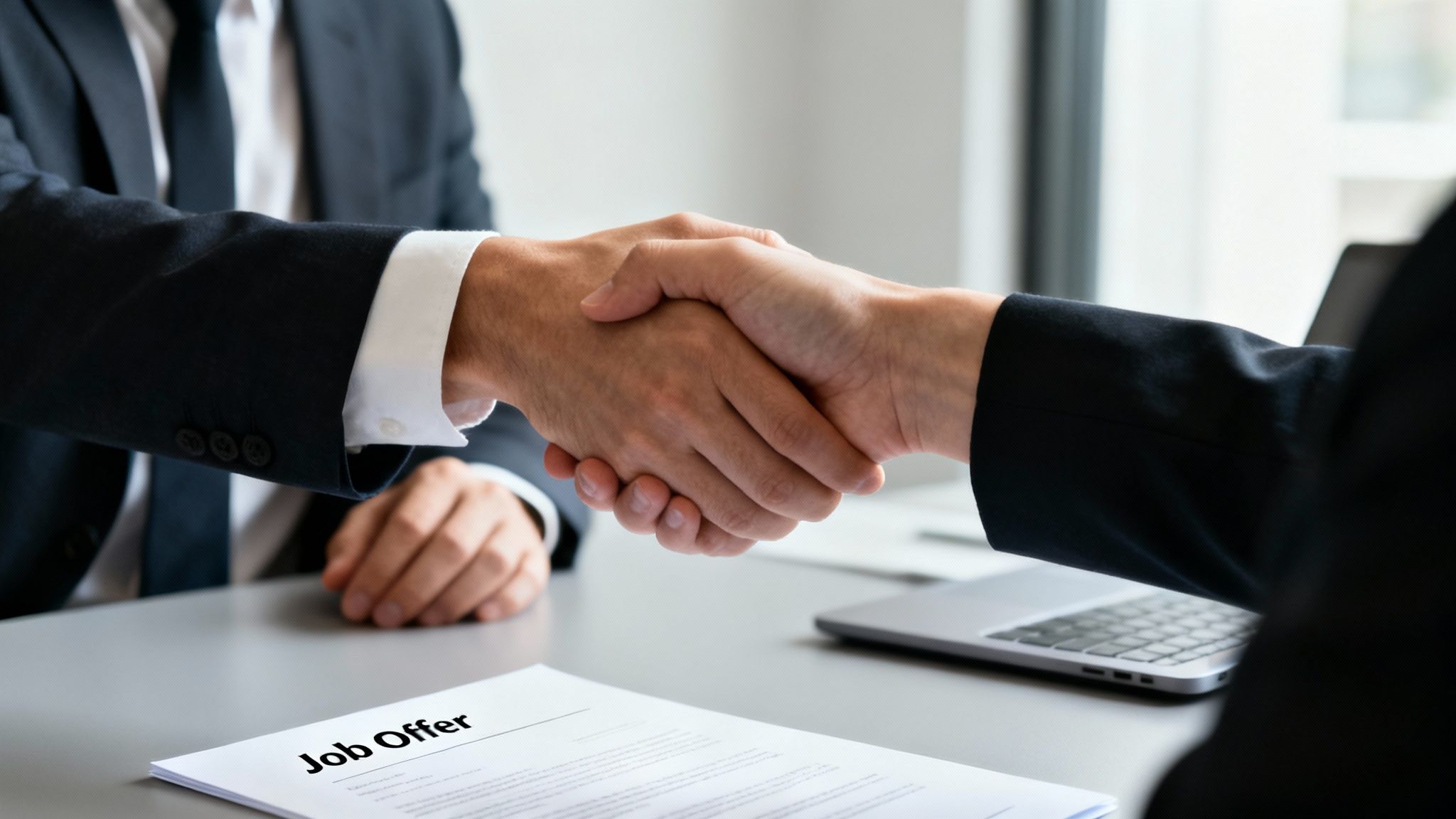 Two business professionals shake hands over a table with a 'Job Offer' document visible, symbolizing a new agreement.