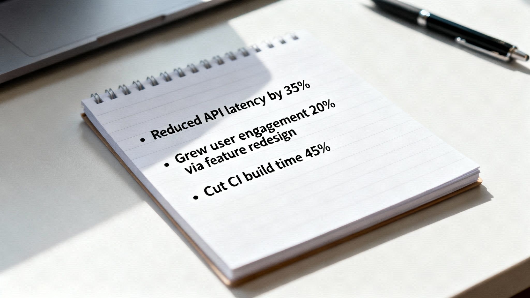 A notebook displaying a bulleted list of project performance metrics, including API latency, user engagement, and CI build time improvements.