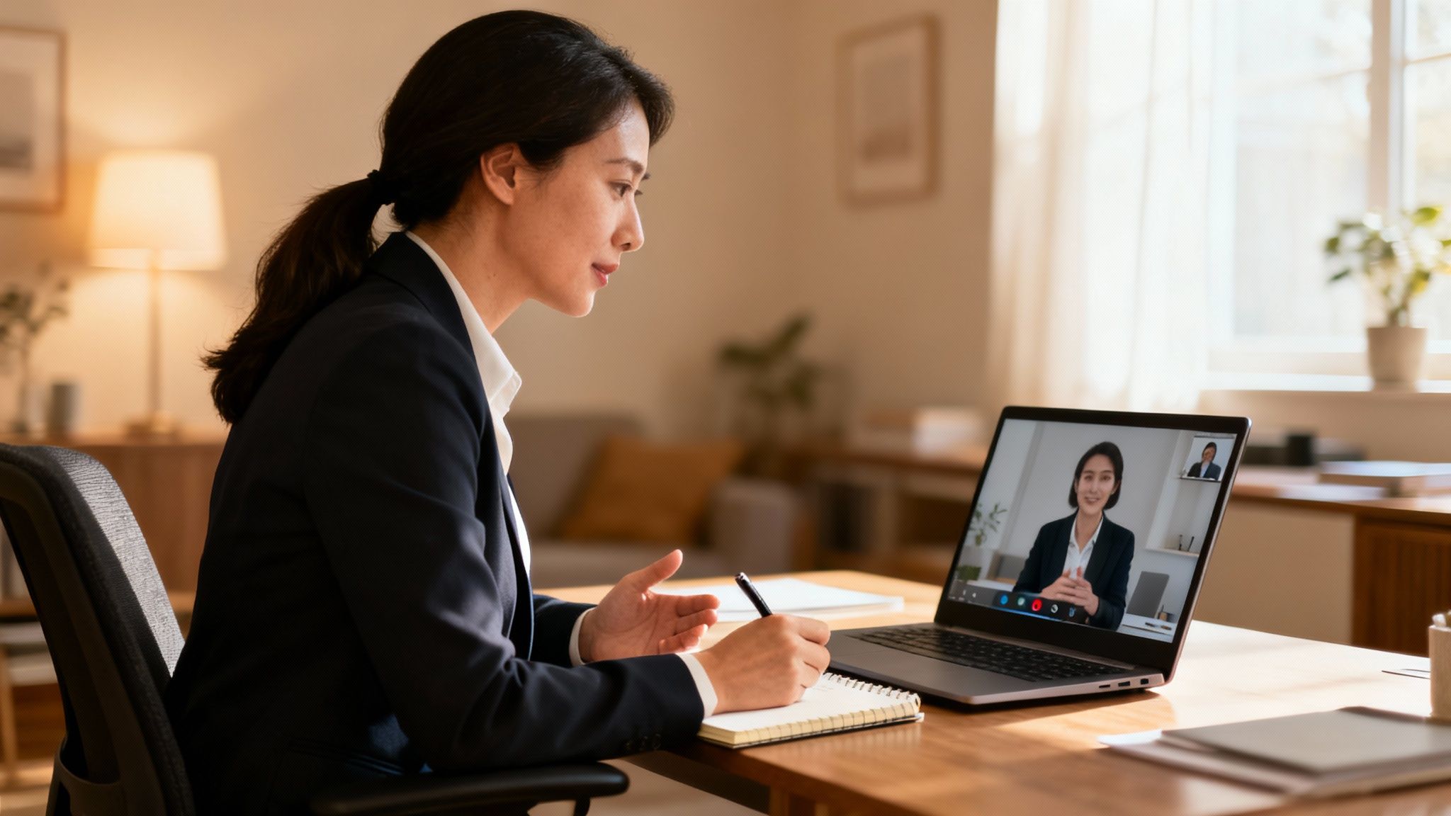 An Asian businesswoman in a suit on a video call, taking notes at her home office desk.