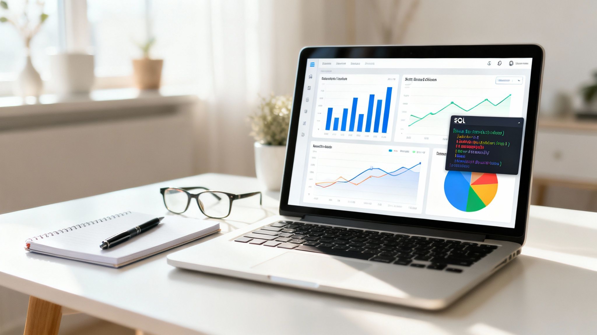 A laptop displaying data dashboards, a notebook, and glasses on a bright home office desk.