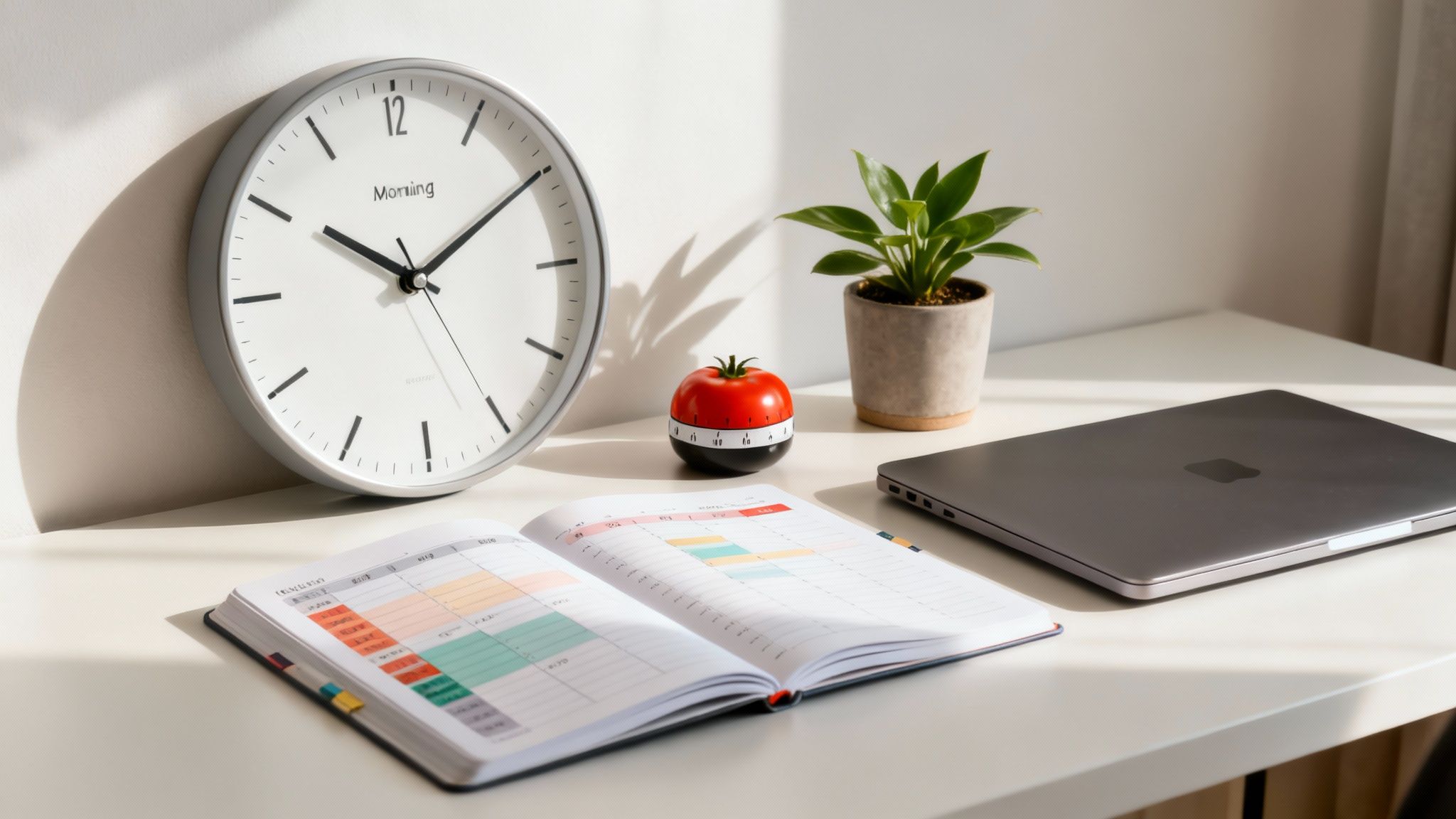 A bright workspace with a wall clock, small plant, open planner, laptop, and tomato timer.
