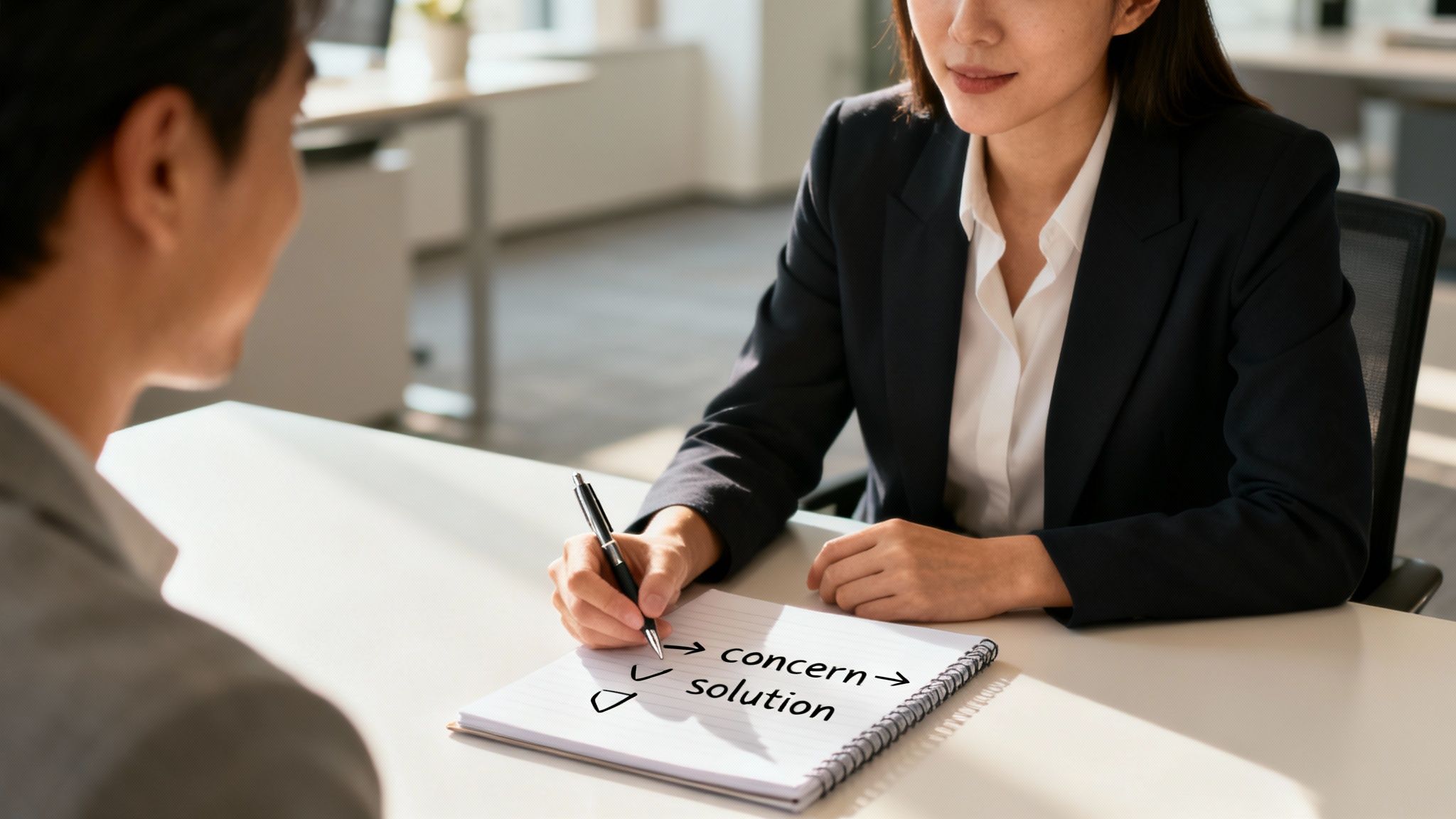 Professional businesswoman discussing sales solutions with candidate during job interview at office desk