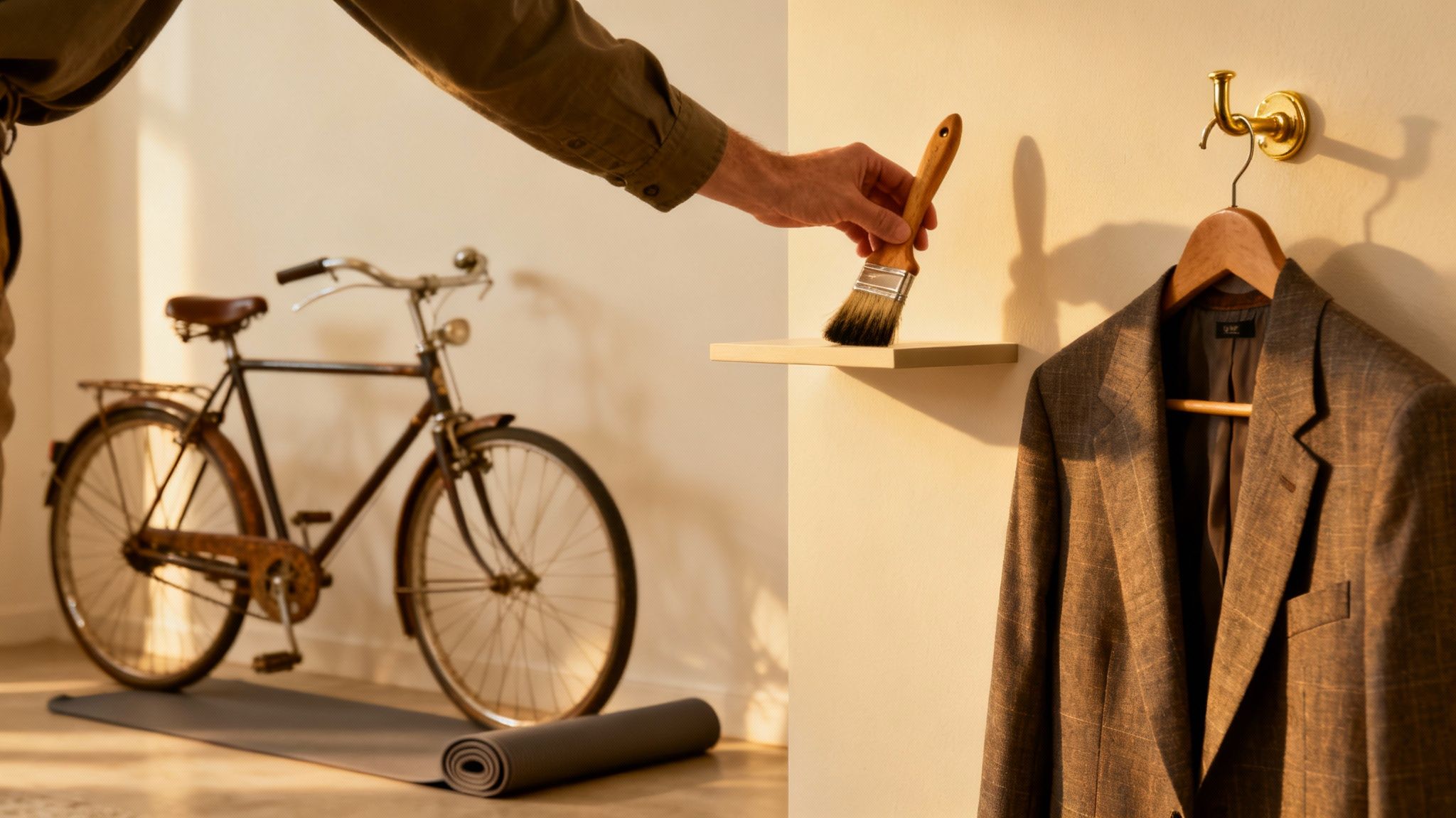 A person potting a plant on a balcony with a city view in the background, symbolizing a relaxing hobby.