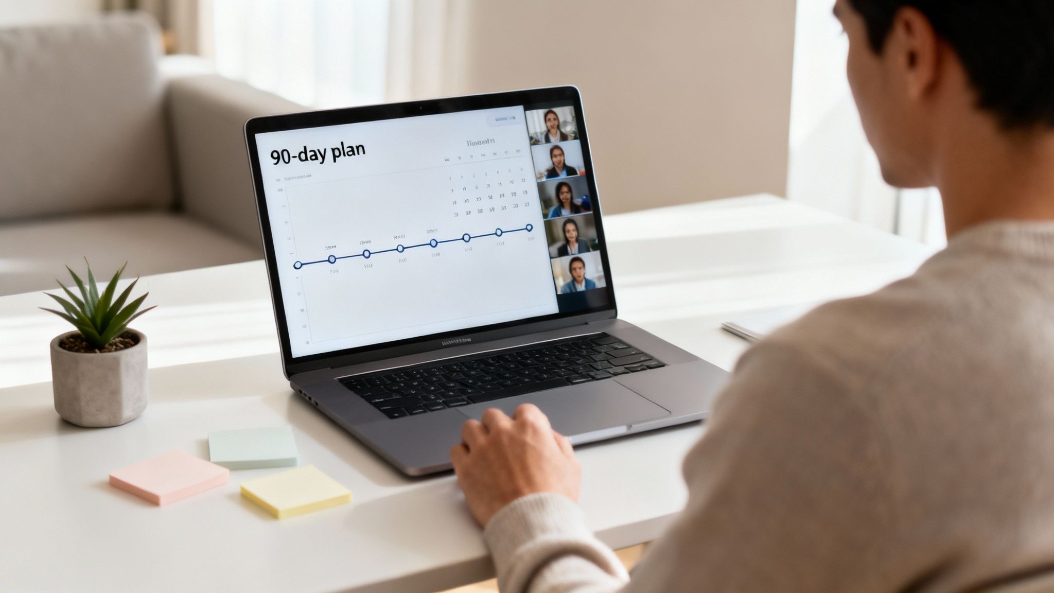 Over-the-shoulder view of a person working on a laptop displaying a 90-day plan and a video call.