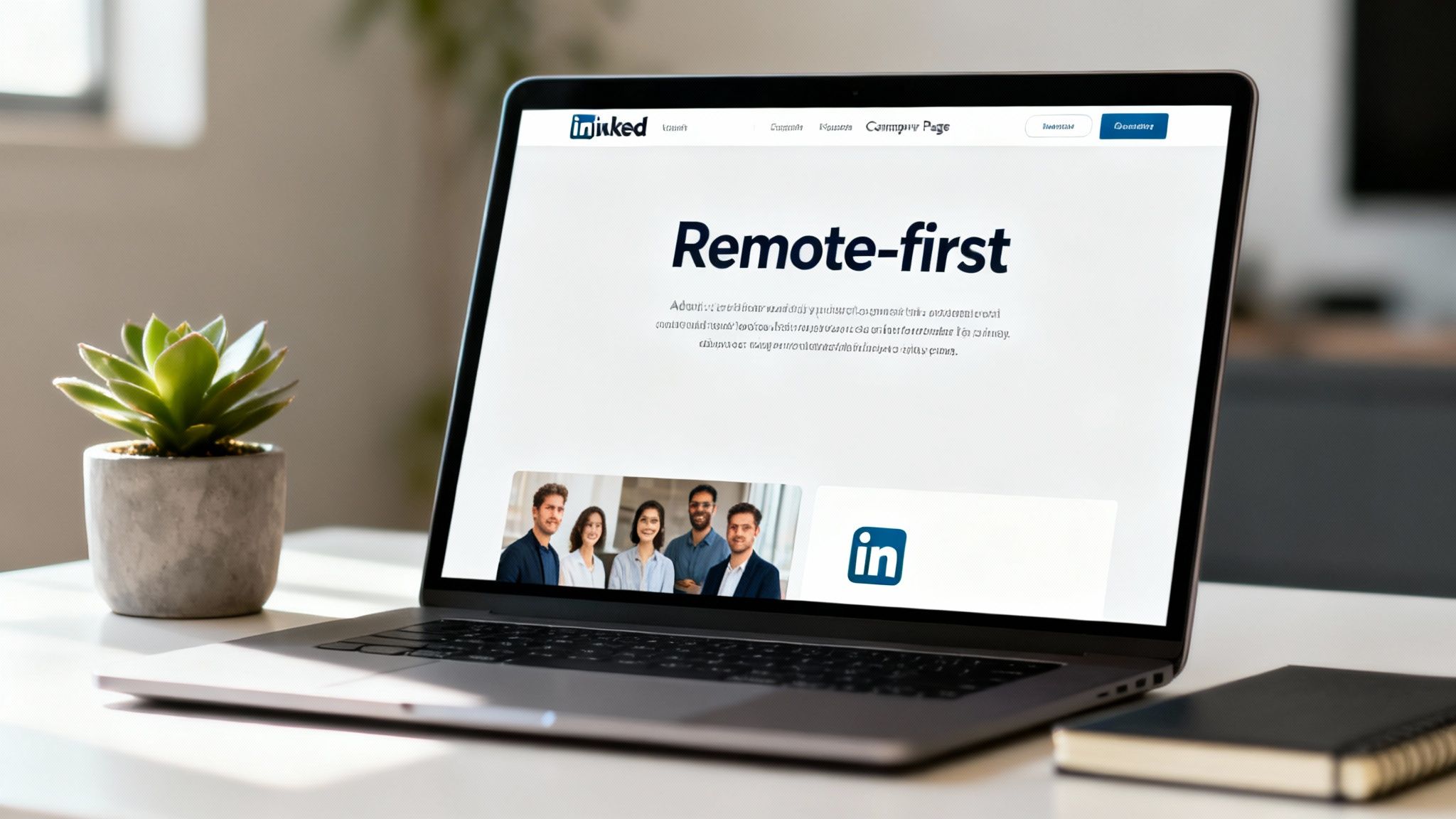 Laptop on a desk displaying a 'Remote-first' work page on a LinkedIn-style website, with a succulent plant and notebook.