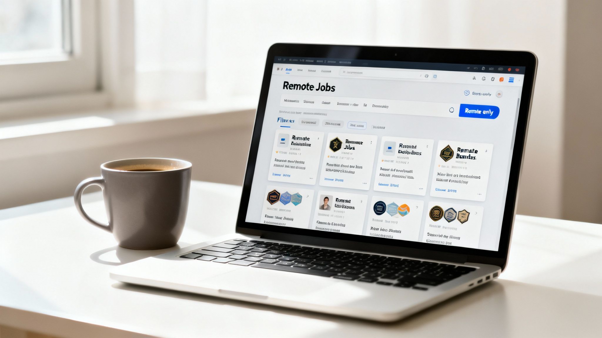 A laptop showing a remote job board and a coffee mug on a bright desk by a window.