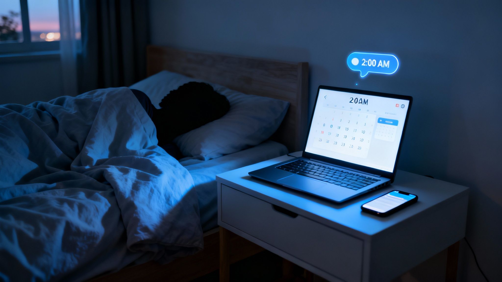 A person sleeps in bed while a laptop displays a calendar and a 2:00 AM notification.