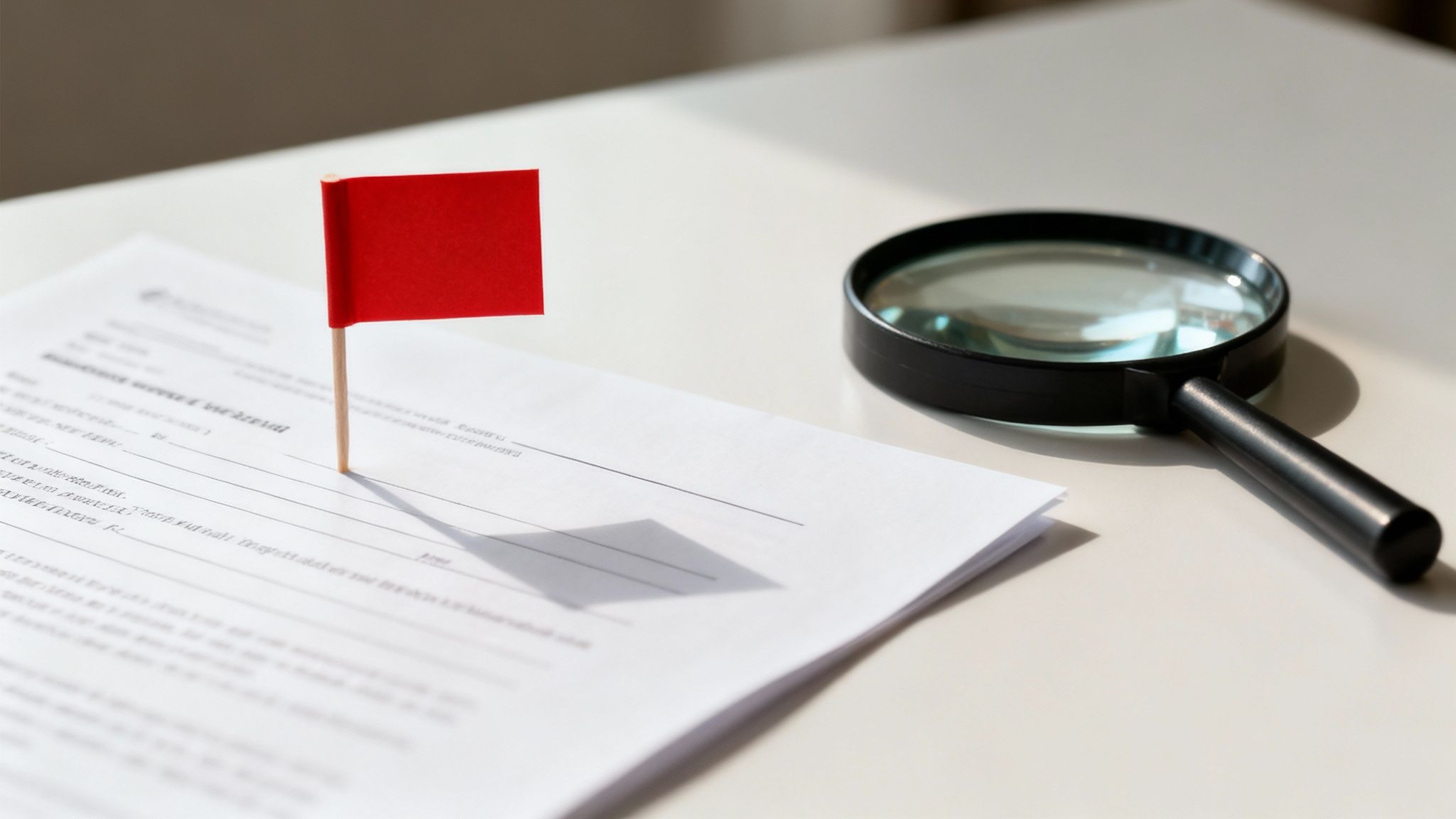 A red flag inserted into a document next to a magnifying glass on a white desk.