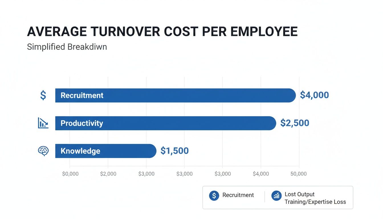 Bar chart illustrating average employee turnover costs broken down by recruitment, productivity, and knowledge.