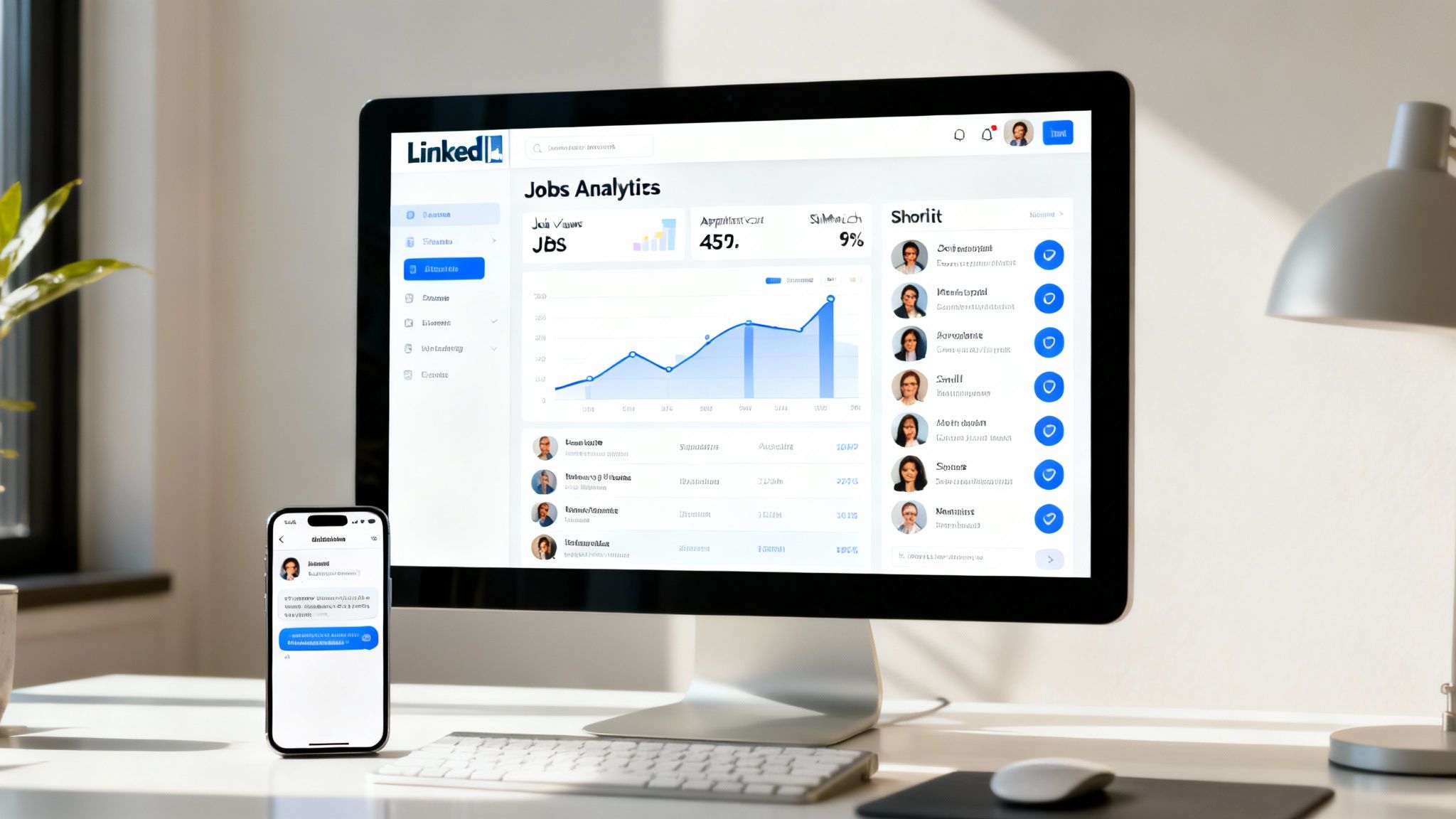 A desktop monitor displays a LinkedIn Jobs Analytics dashboard, alongside a smartphone showing a chat interface on a clean desk.