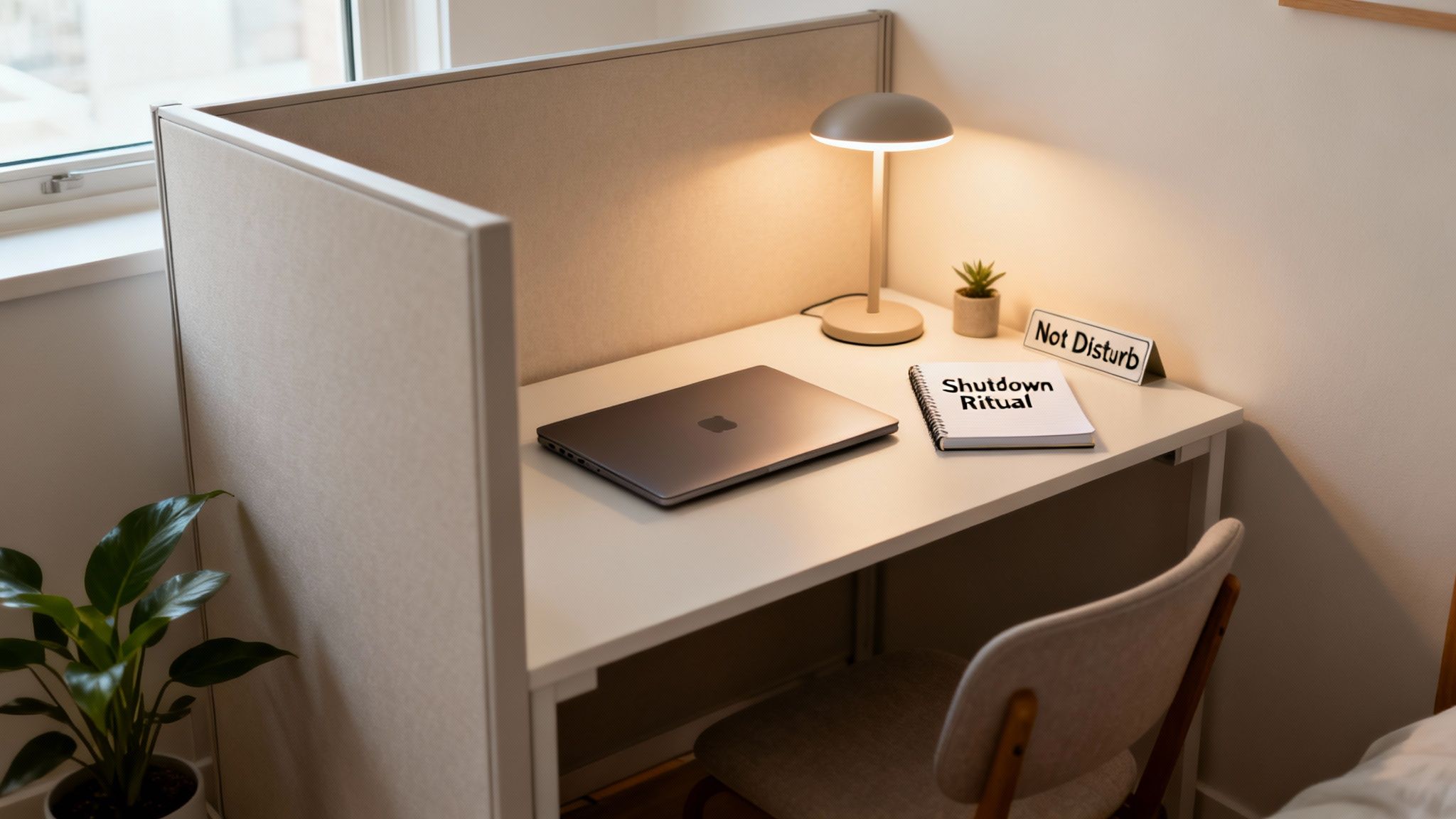 A cozy home office nook with a laptop, a "Shutdown Ritual" notebook, and a "Not Disturb" sign.