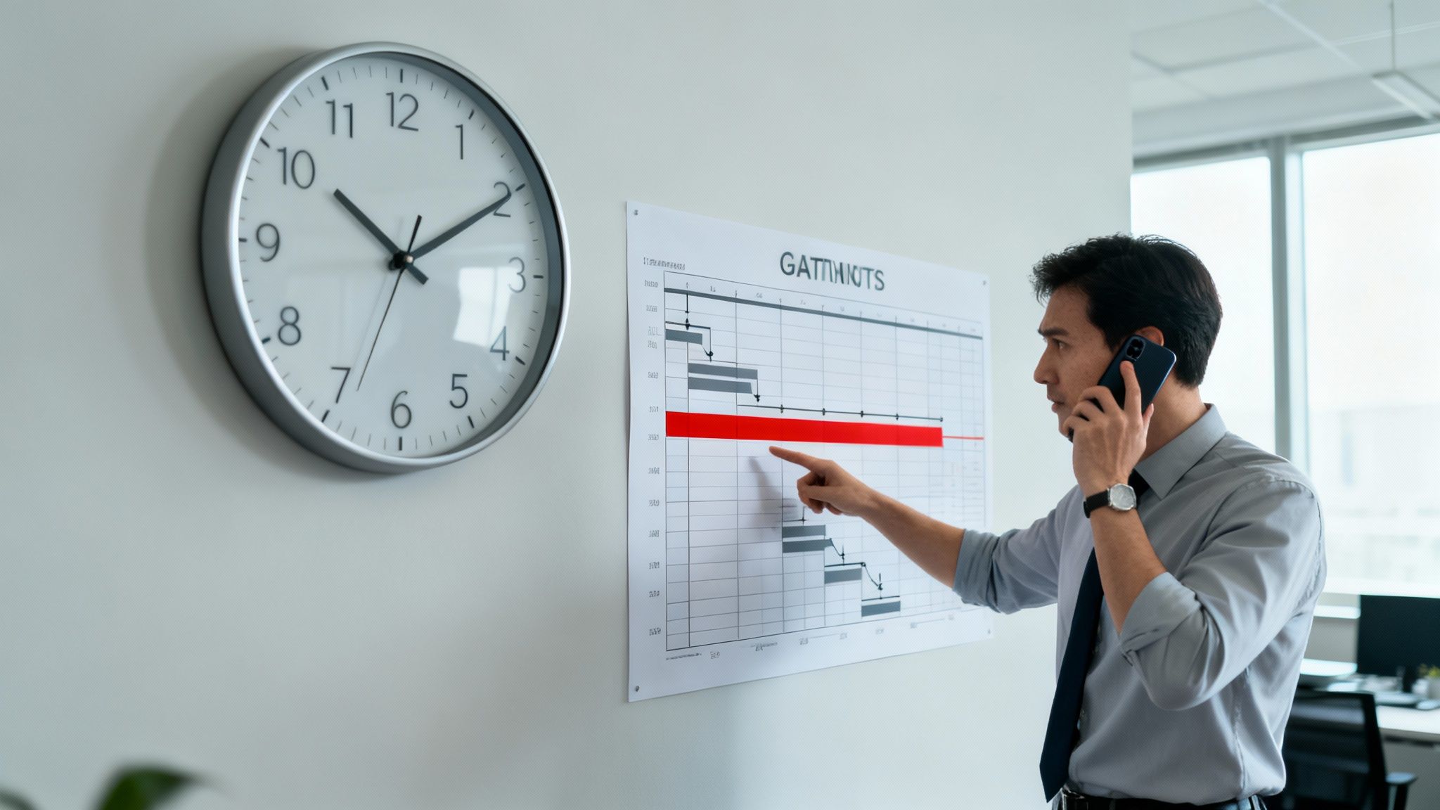 A man in an office talks on the phone while pointing at a project Gantt chart on the wall next to a clock.