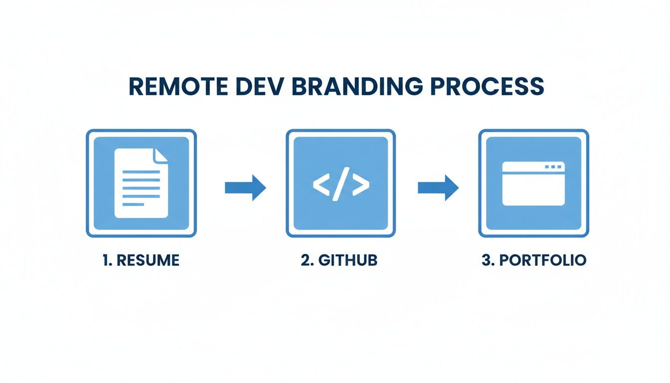 A flowchart outlining the remote dev branding process: resume, GitHub profile, and online portfolio.