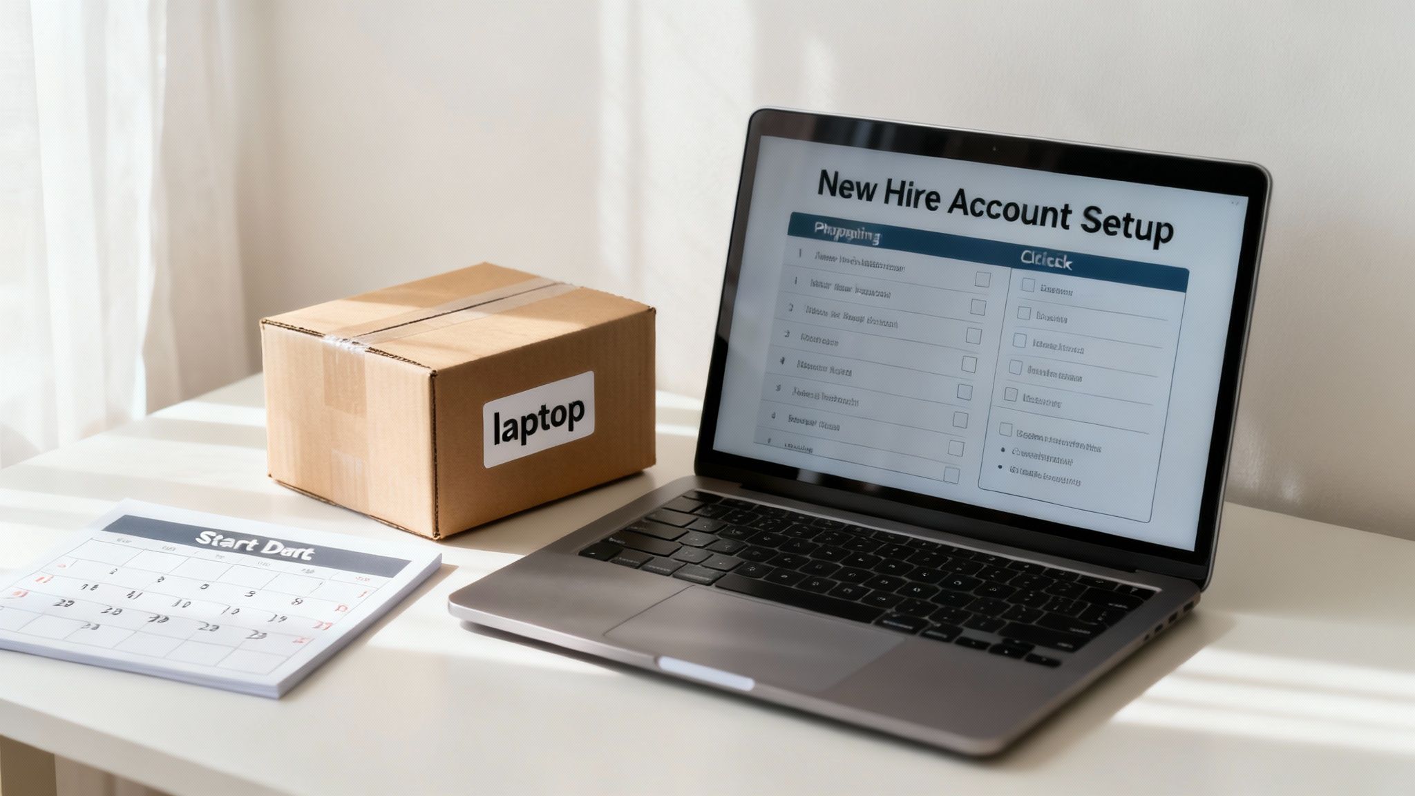 Laptop displaying new hire account setup checklist with boxed laptop and calendar for remote onboarding