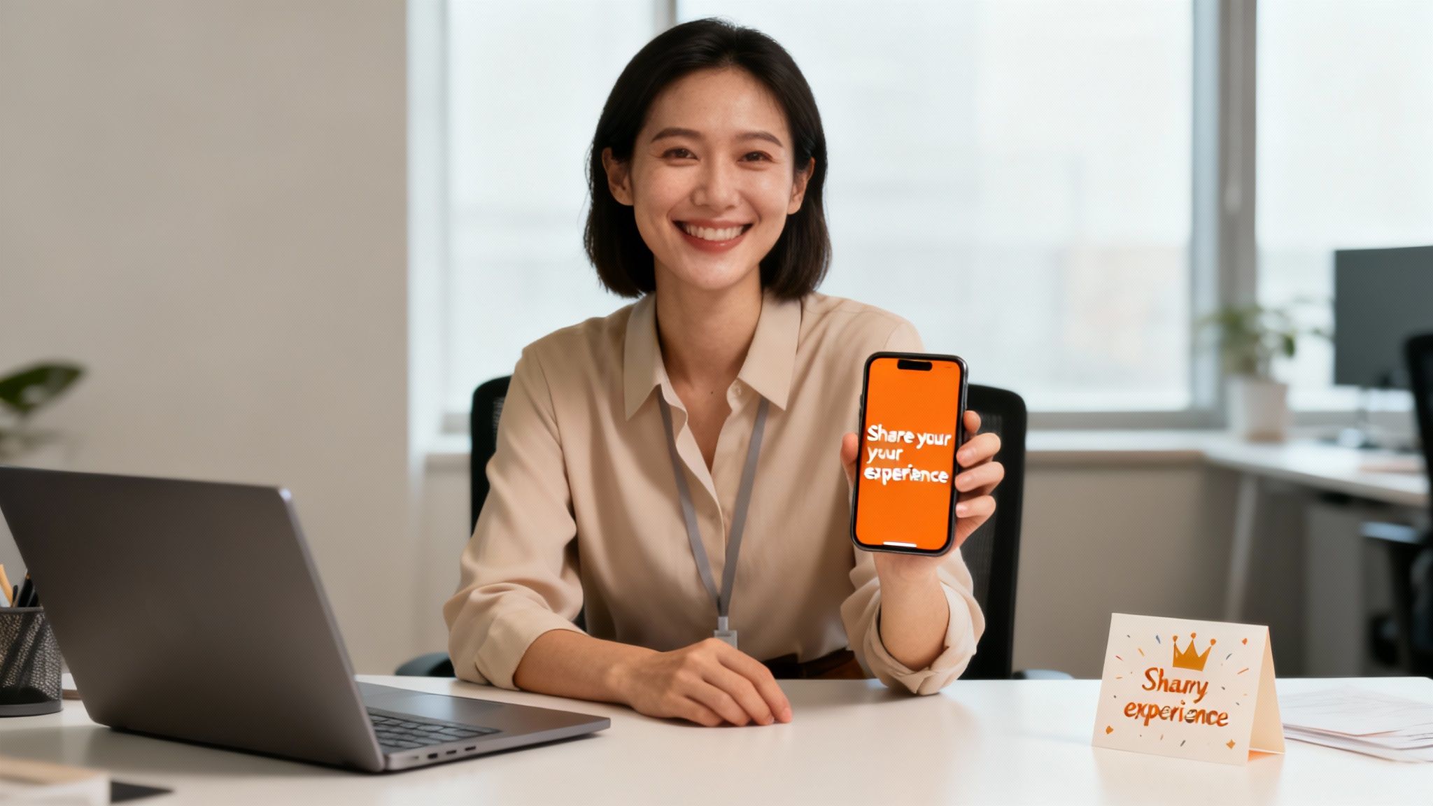 Smiling woman in office holding a phone with 'Share your experience' message, encouraging feedback.