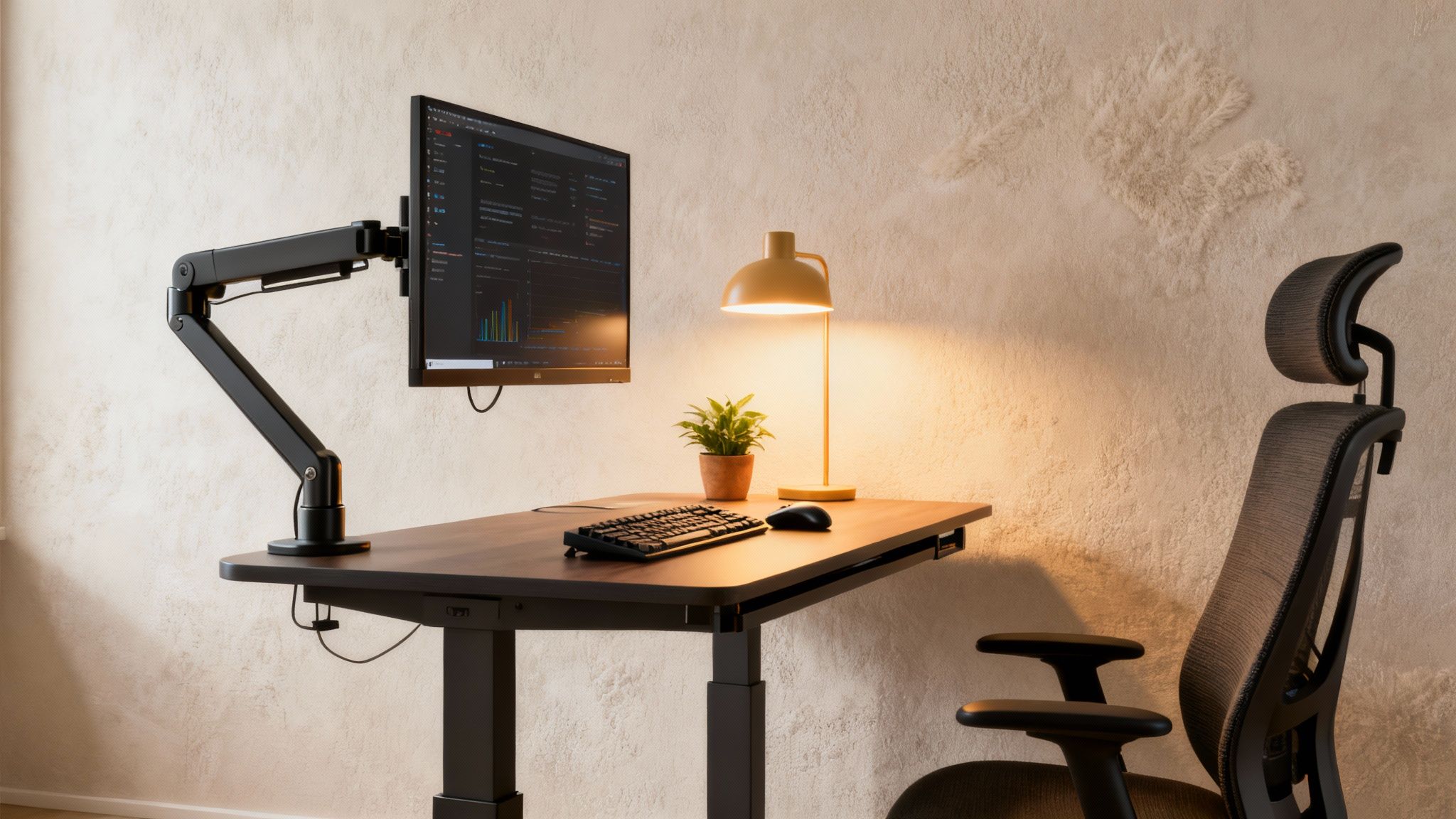 A modern standing desk setup with a monitor, keyboard, mouse, lamp, and ergonomic chair in a well-lit room.