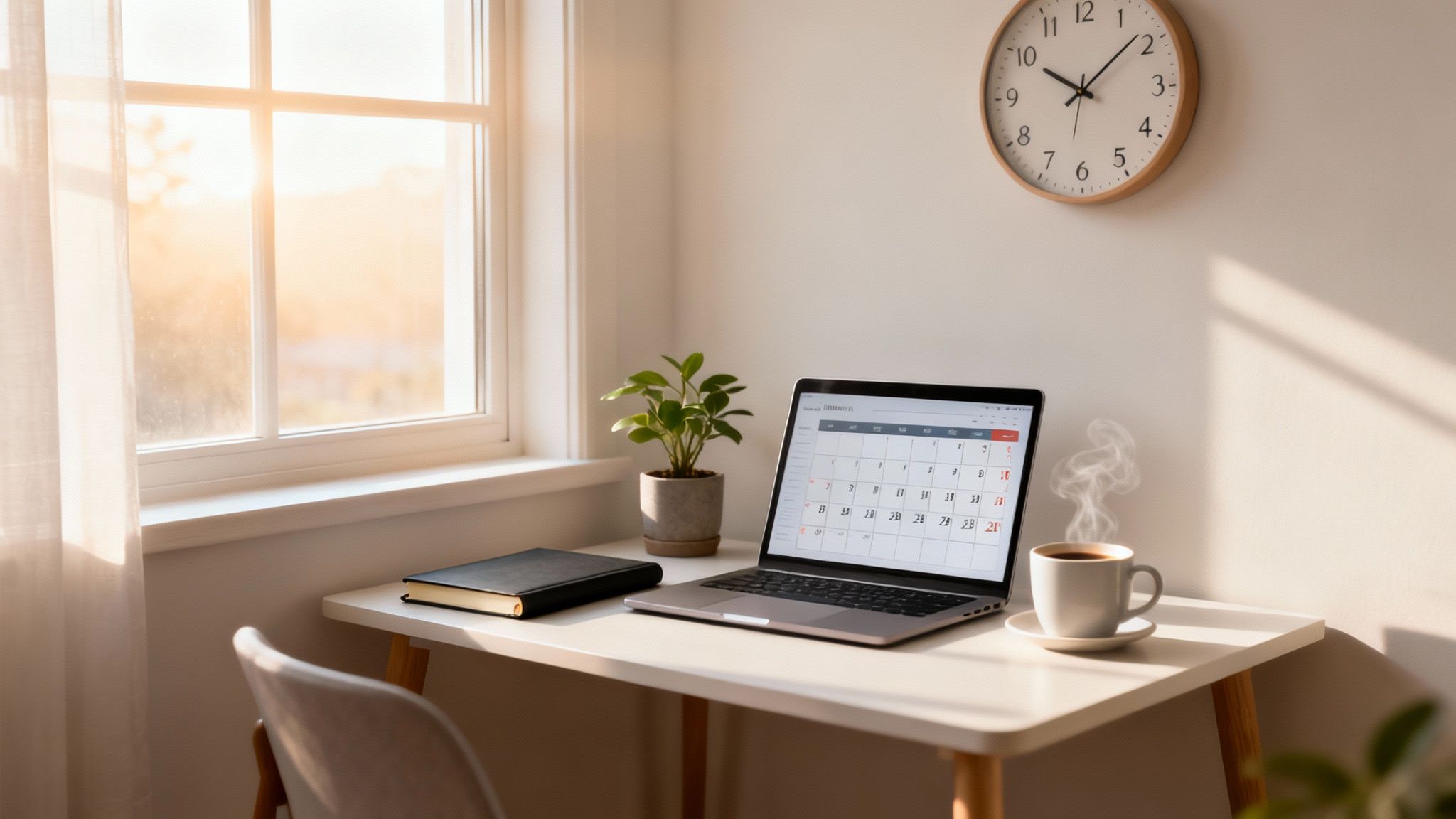 A bright and organized home office desk with a laptop displaying a calendar, a steaming coffee, and a plant.