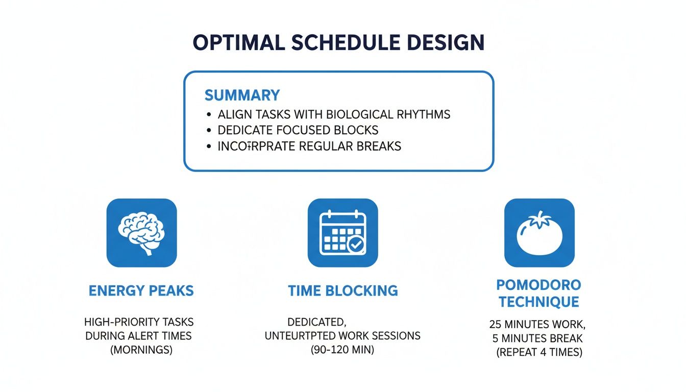 Infographic showing optimal schedule design with summary, energy peaks, time blocking, and Pomodoro technique details.