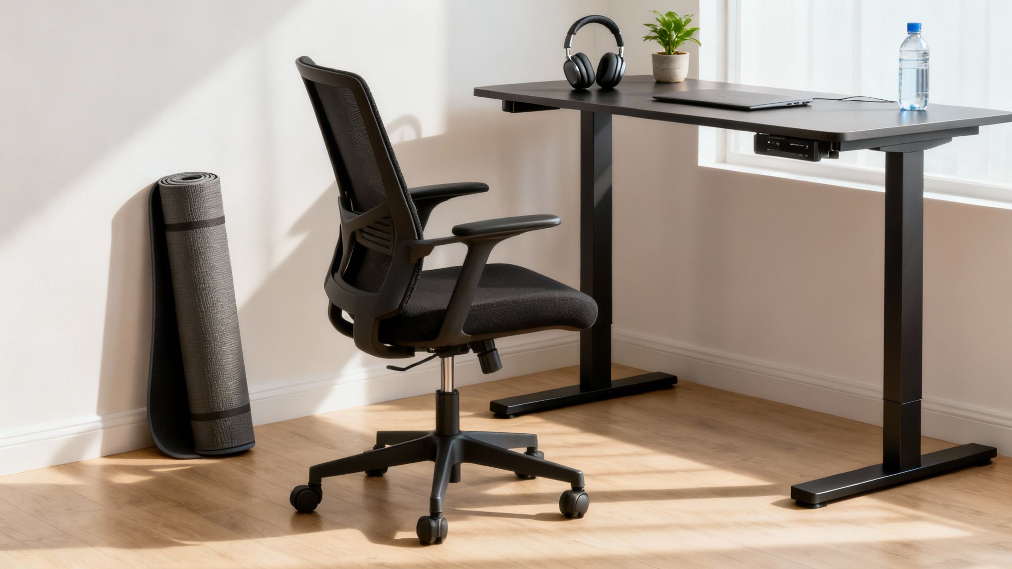 A clean, modern home office setup with a black standing desk, ergonomic chair, and a yoga mat.