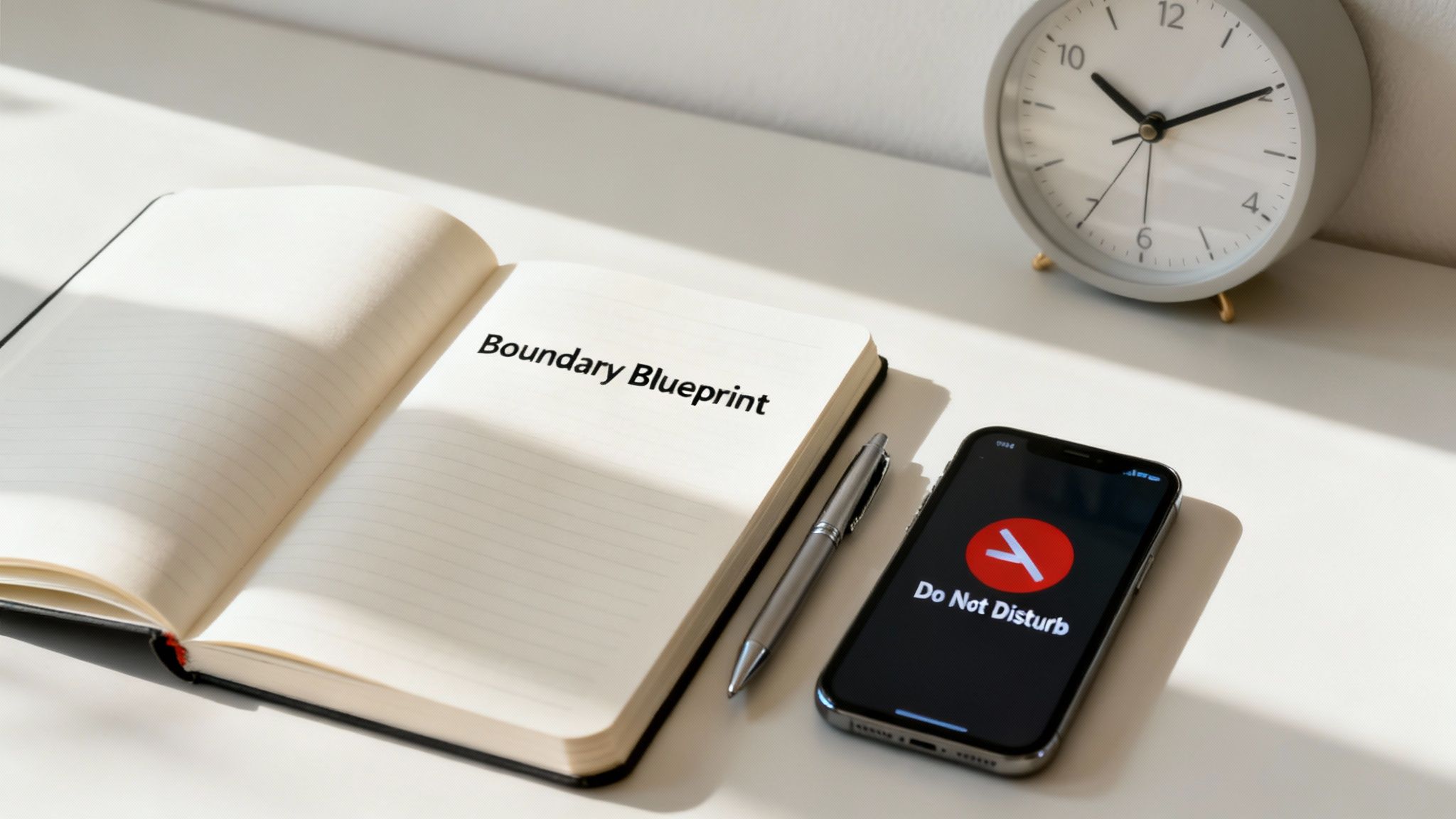 A person at a desk thoughtfully writing in a notebook, creating a plan for their work boundaries.