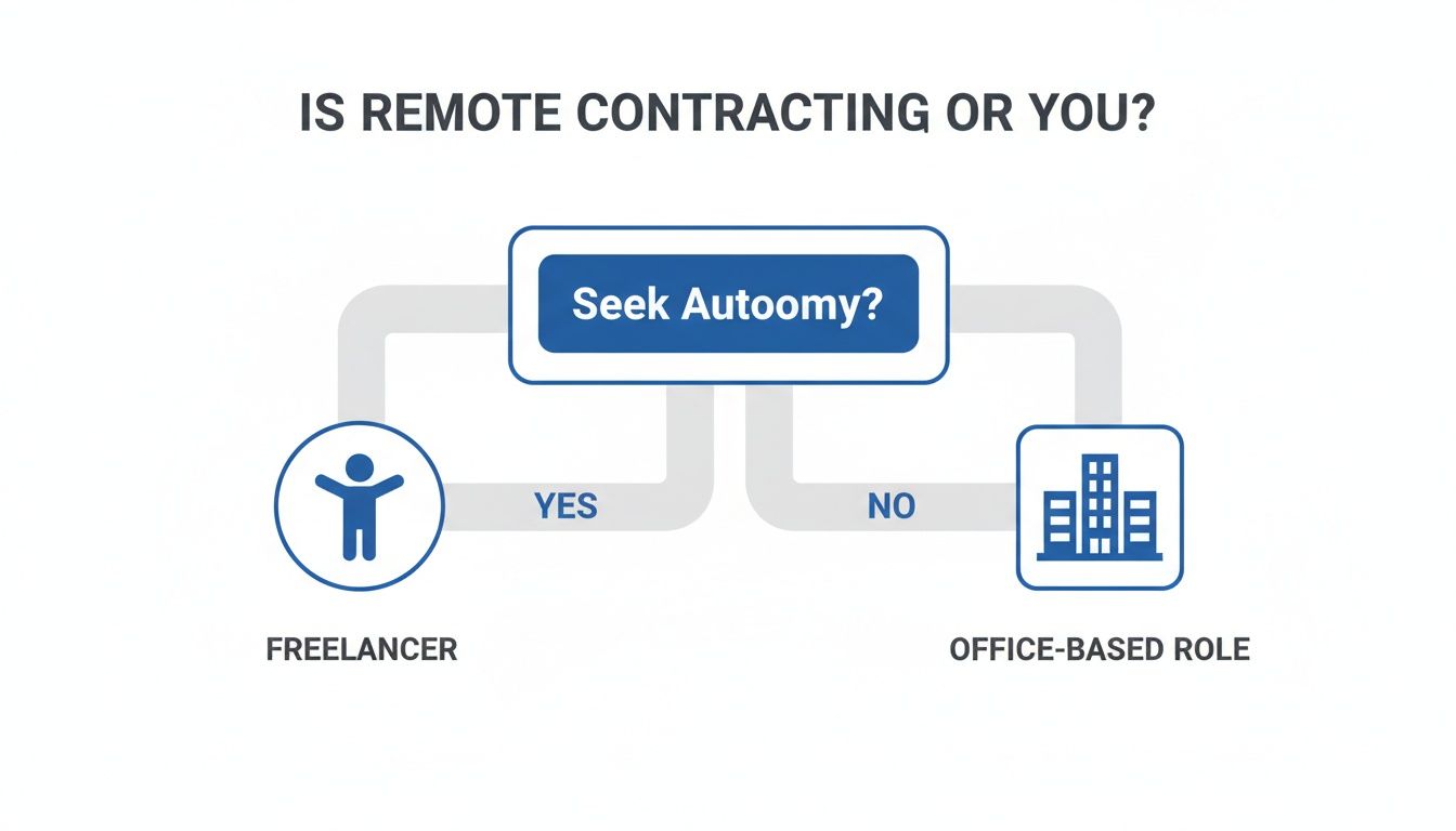 Flowchart illustrating career choices: seeking autonomy leads to freelancing, not leads to office-based roles.