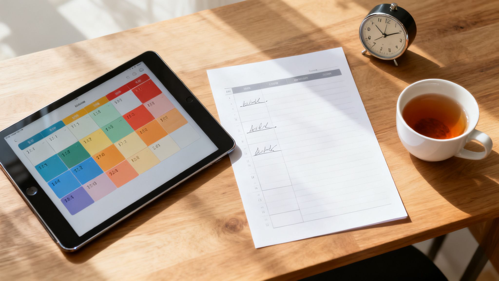 Overhead view of a wooden desk with a tablet, paper, tea, and an alarm clock in sunlight.