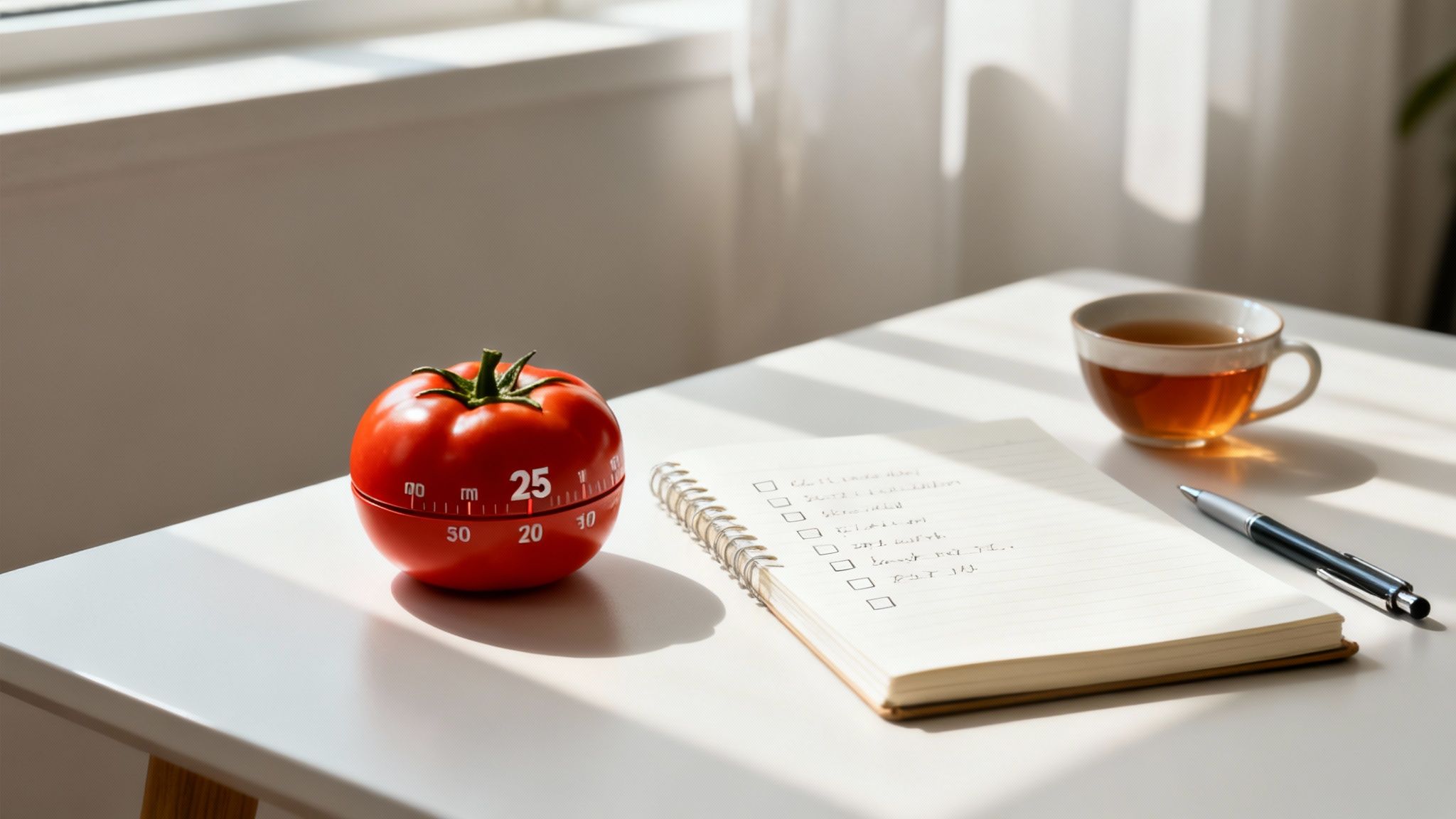 Sunlit desk with a red tomato timer, open notebook checklist, pen, and a cup of tea.