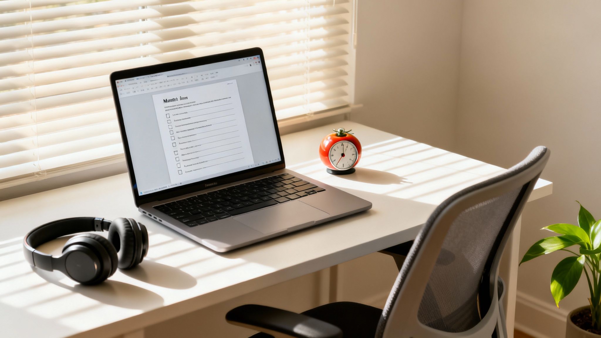 A bright home office setup with a laptop showing a checklist, headphones, an alarm clock, and a chair.