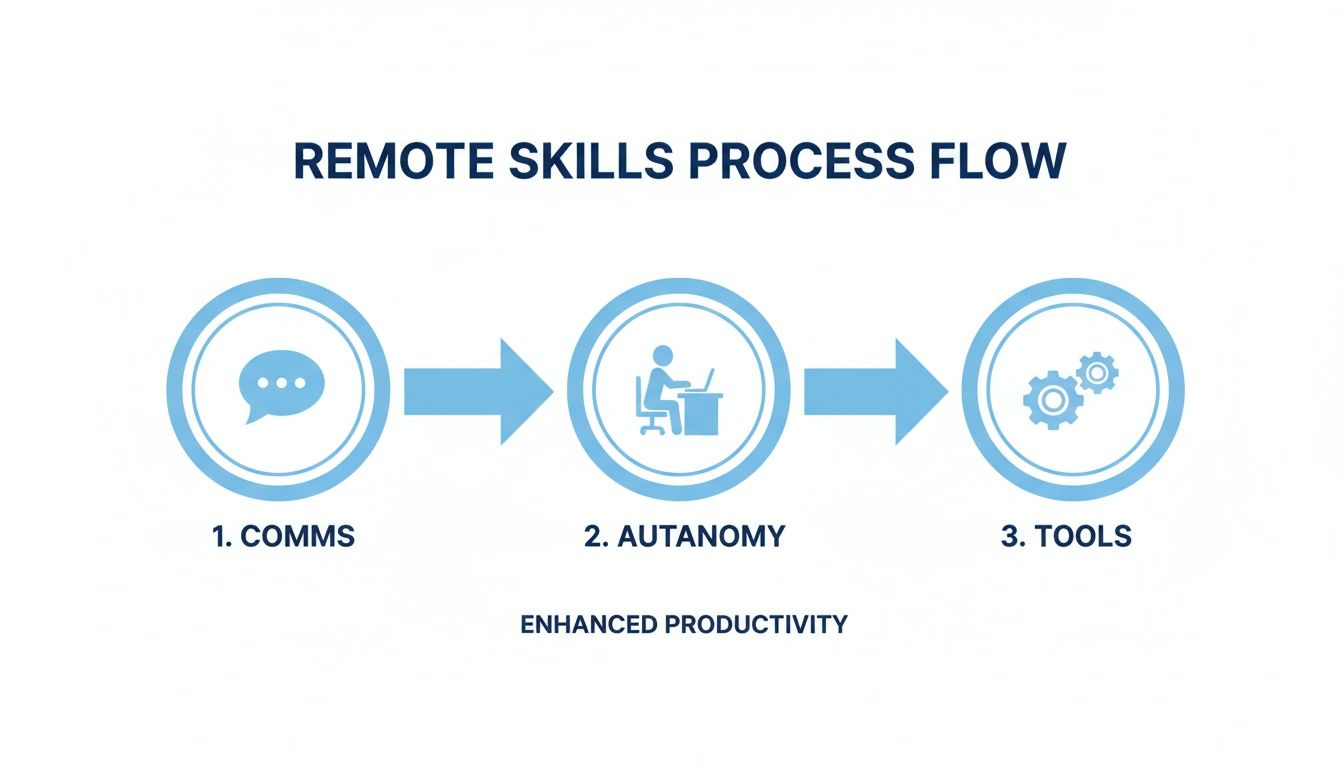 A remote skills process flow diagram showing communication, autonomy, and tools leading to enhanced productivity.