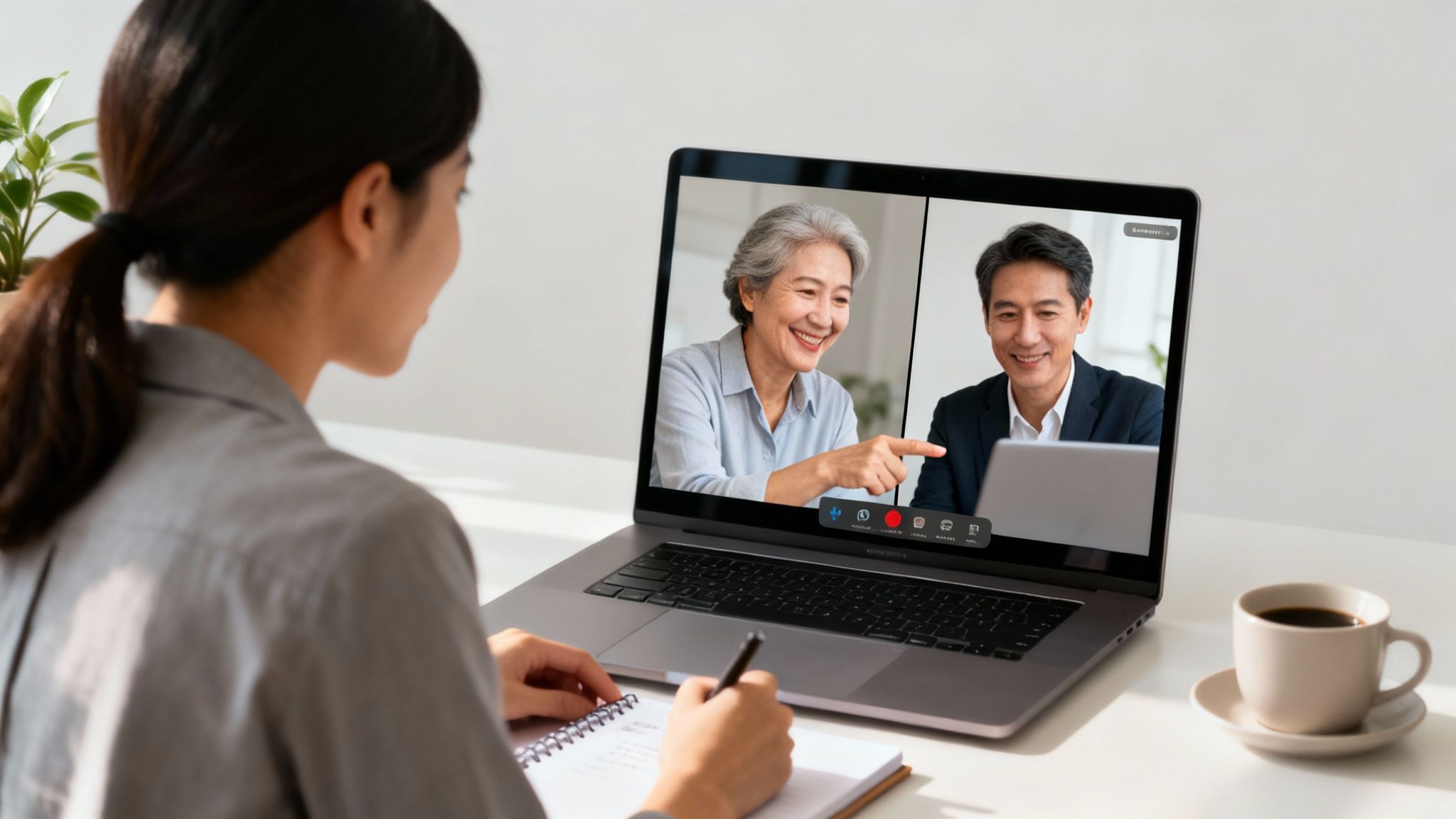 A woman takes notes while participating in a remote video call with two smiling colleagues.