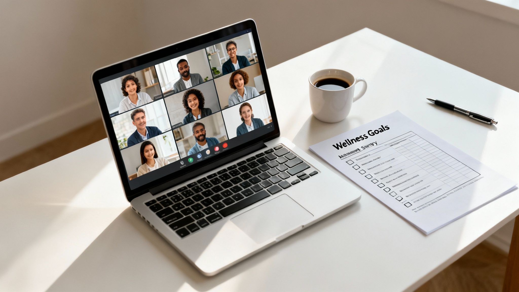 A laptop shows a group video call with diverse people, beside a coffee cup and a wellness goals document.