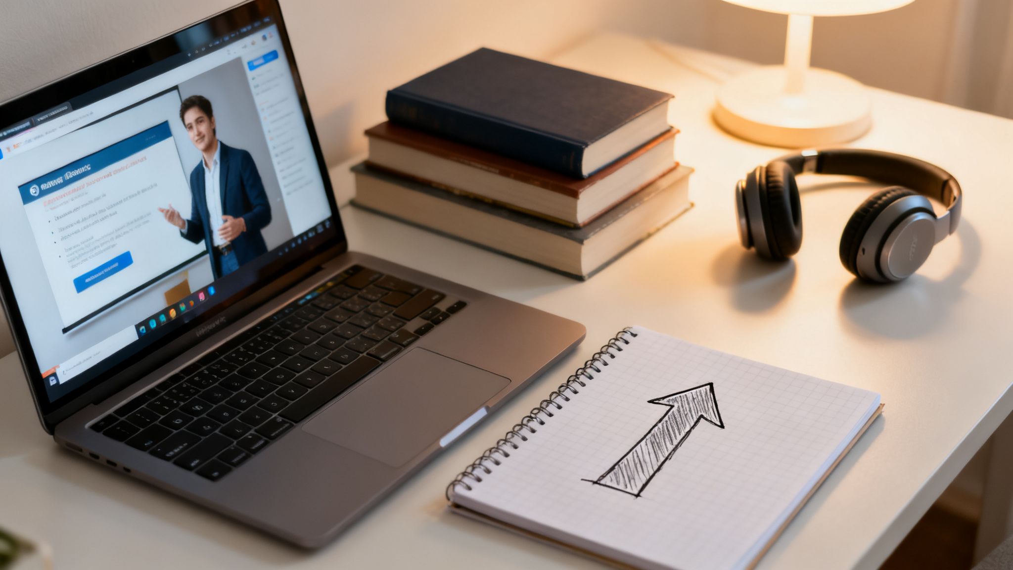 A laptop showing an online lesson, books, headphones, and a notebook with an upward arrow on a desk.