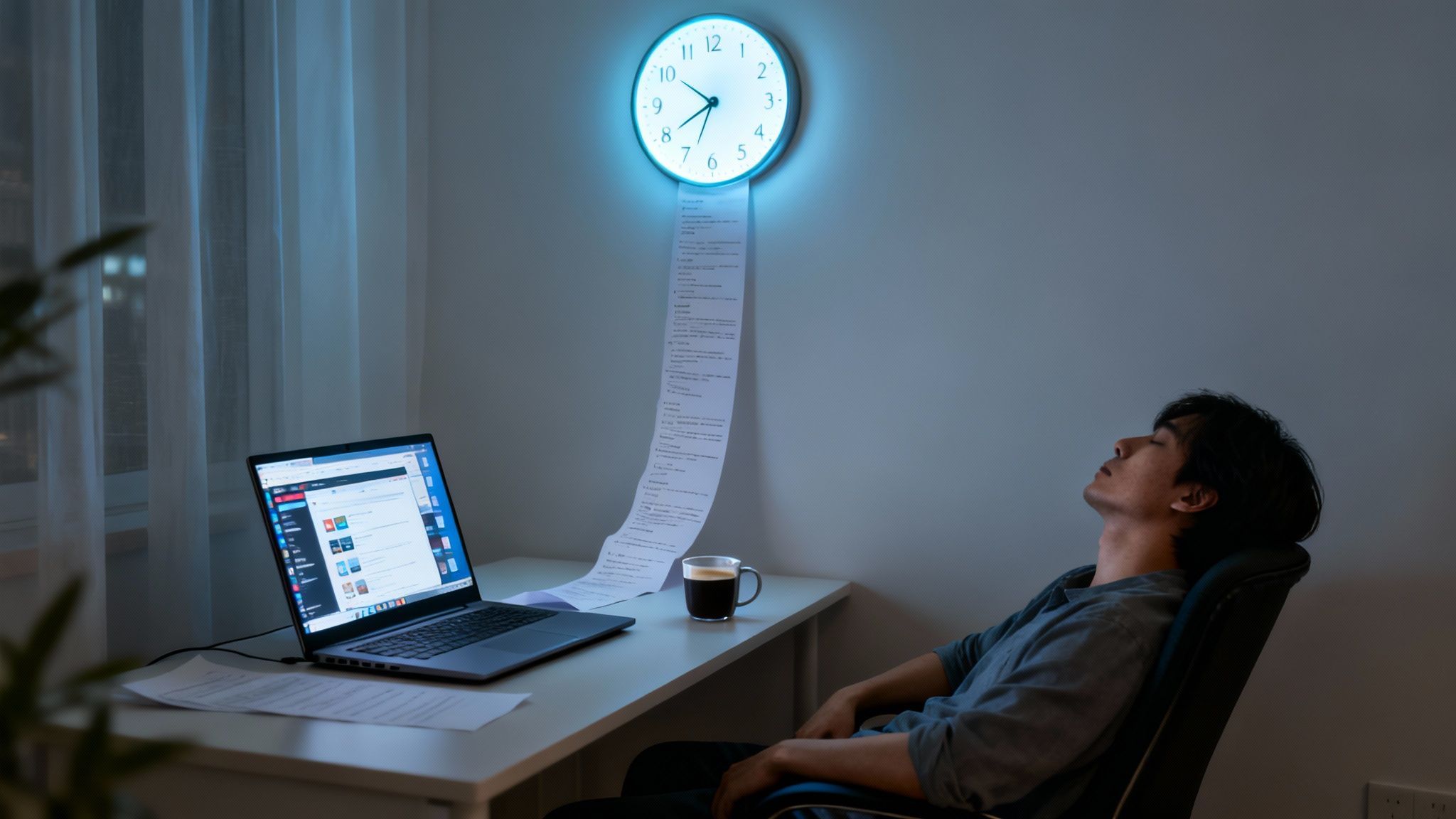 An exhausted person sleeps at a desk with a glowing clock and a very long task list.