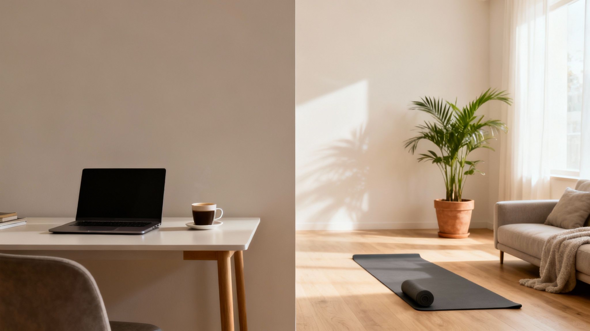 A split image featuring a cozy home office setup and a bright living room with a yoga mat.