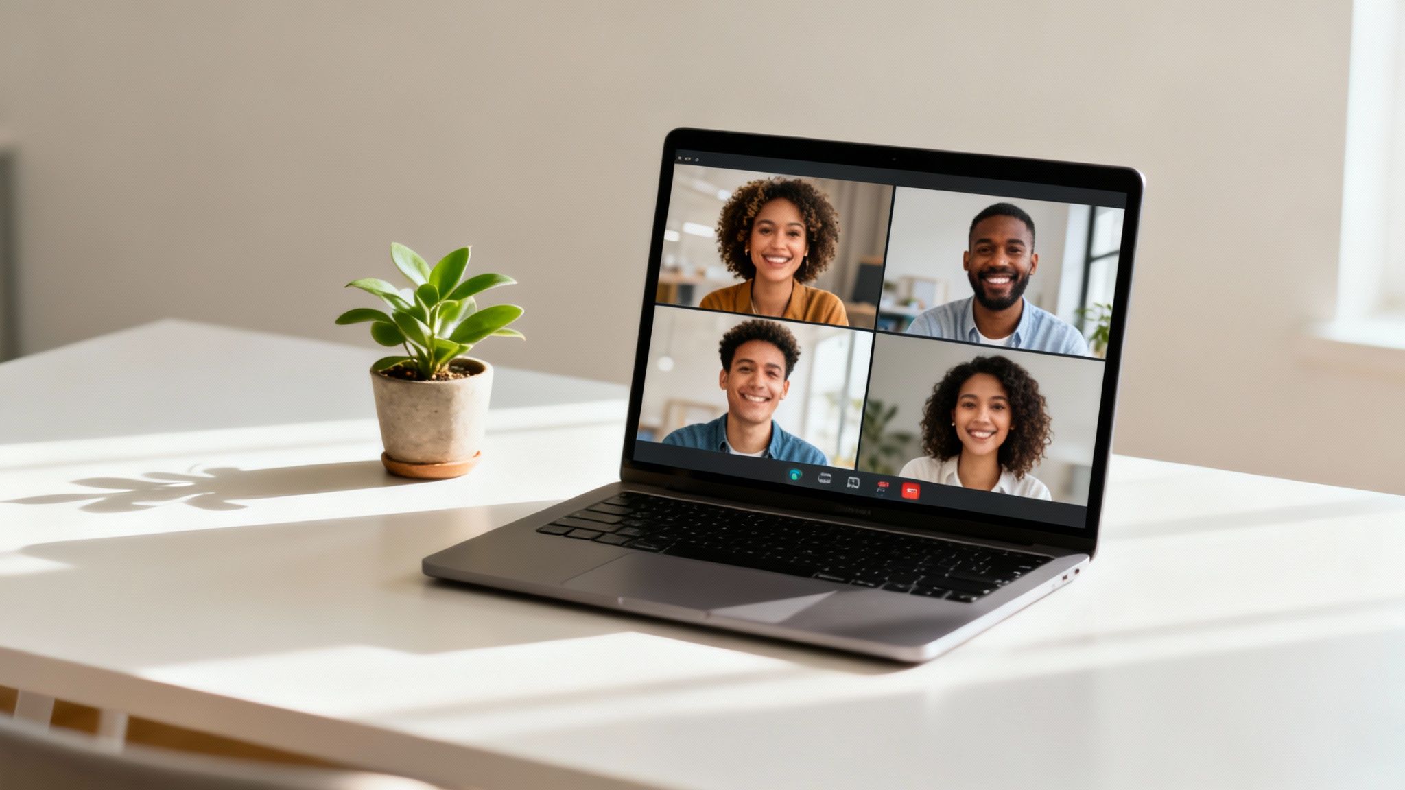 Laptop on a sunny white desk displays a video conference with four diverse, smiling professionals.