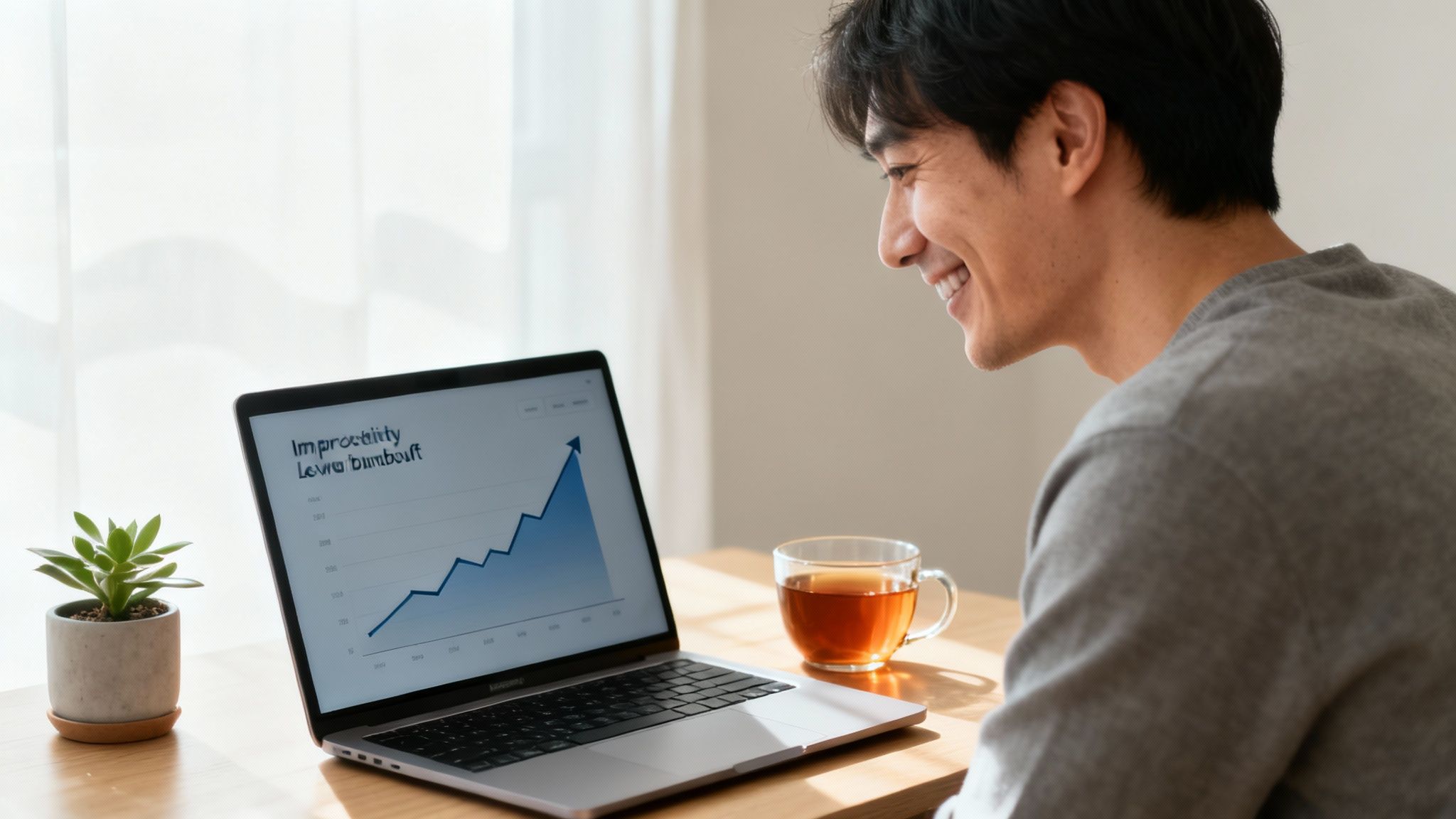 A smiling man views an upward trend graph on his laptop, at a bright desk with tea and a plant.