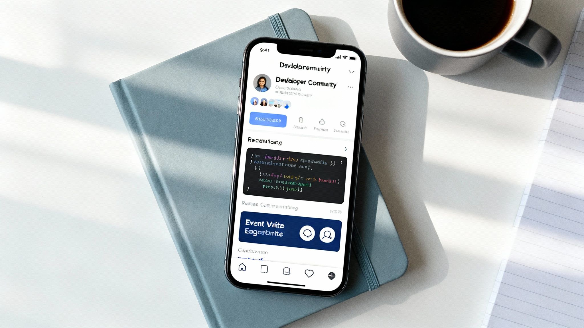 A smartphone displaying a developer community app, resting on a notebook, next to a coffee cup and notepad.